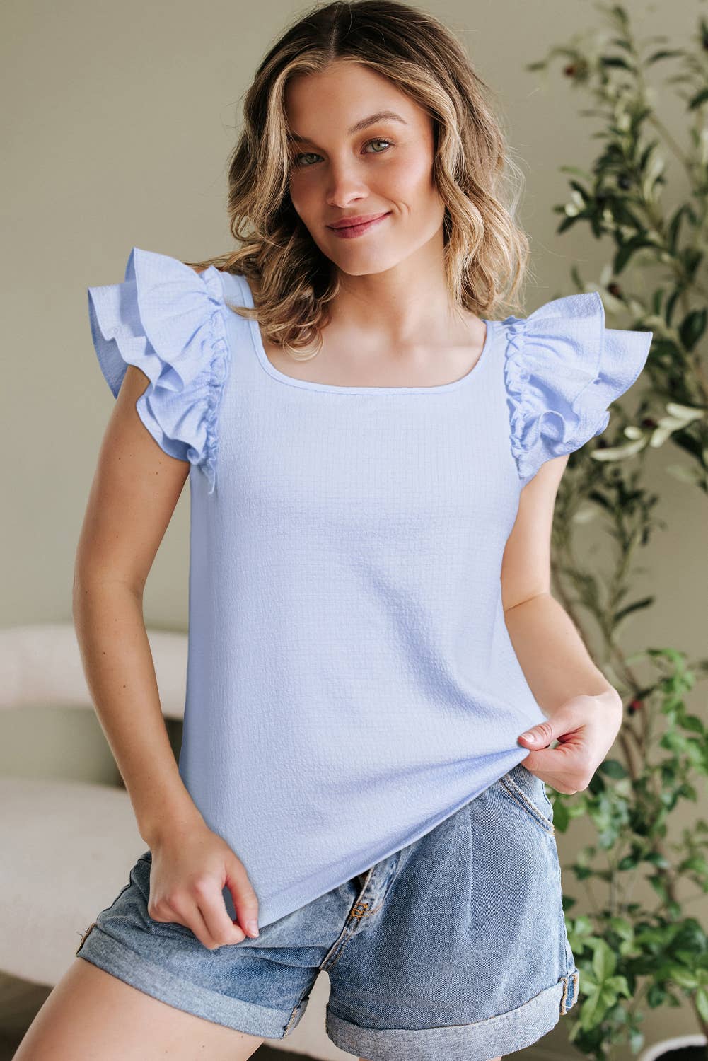 Textured Bow Knot Frilled Butterfly Sleeve Blouse | 3 Colors: Beau Blue / M