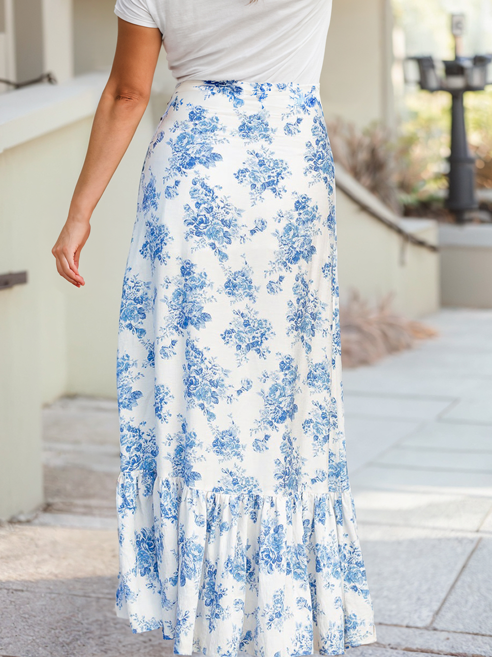 Boho Floral High Waist Ruffle Split Maxi Skirt | 3 Colors: Sky Blue / S