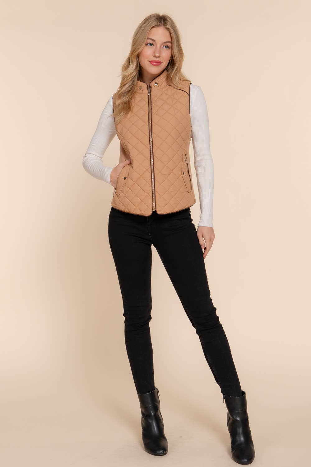Suede Piping Detail Rib Quilted Padding Vest: TPE-pale taupe / S