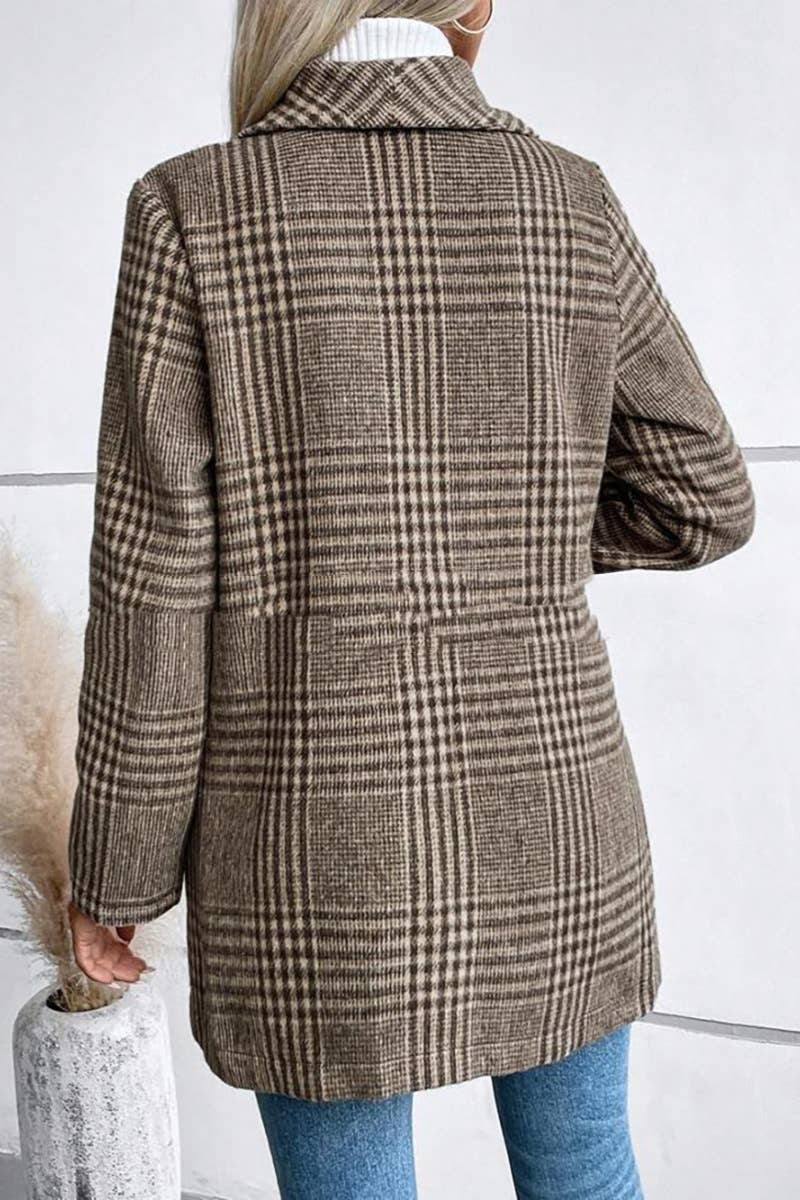 CWOCO0263_AUTUMN-WINTER FASHION LAPEL WOOL PLAID COAT: APRICOT / (M) 1
