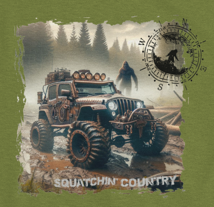 Rustic Bigfoot Jeepin Squatchin' Country t-shirt: Military green / LG / Long sleeve