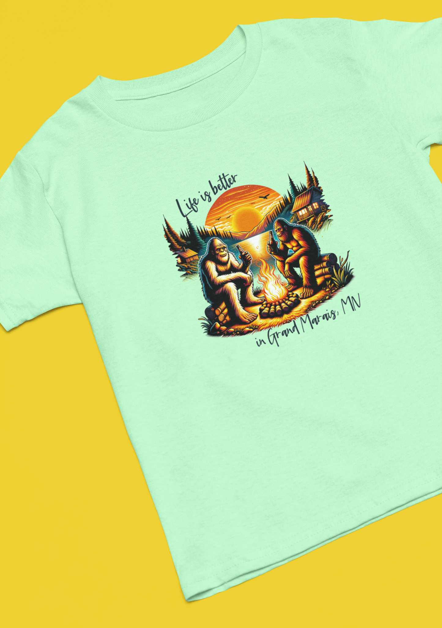Life is better in...YOUR LOCATION - Bigfoot campfire shirt: Carolina blue / 5X
