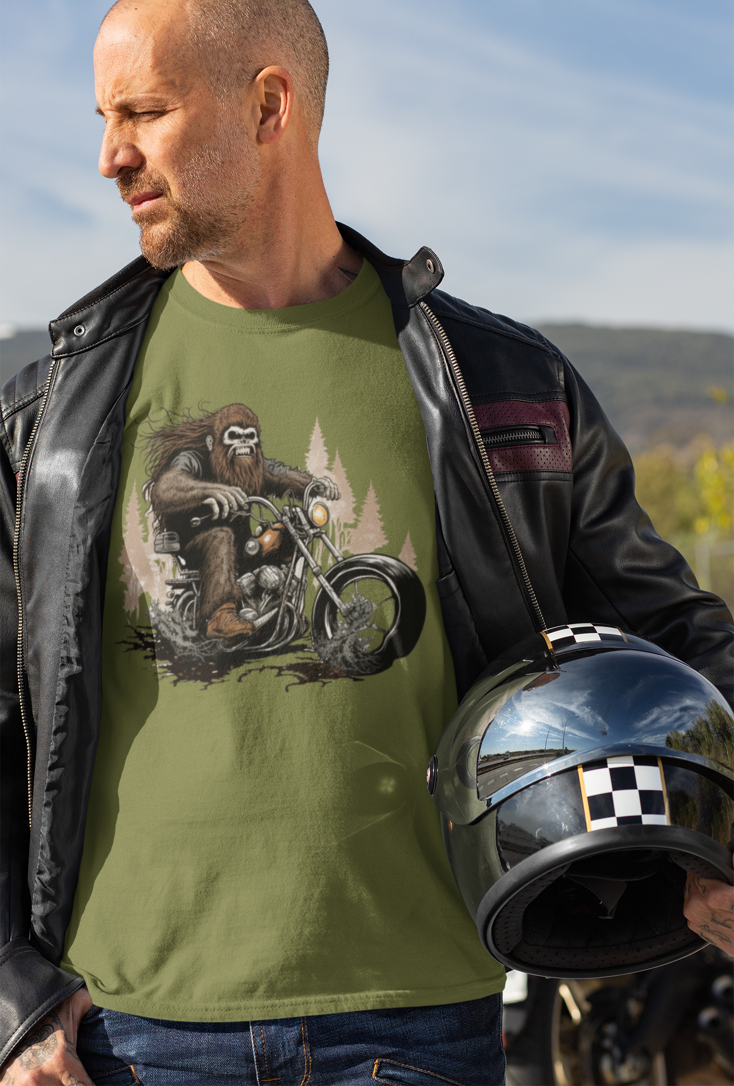 Biker Bigfoot on green t-shirt - Biker Squatch Collection: XL