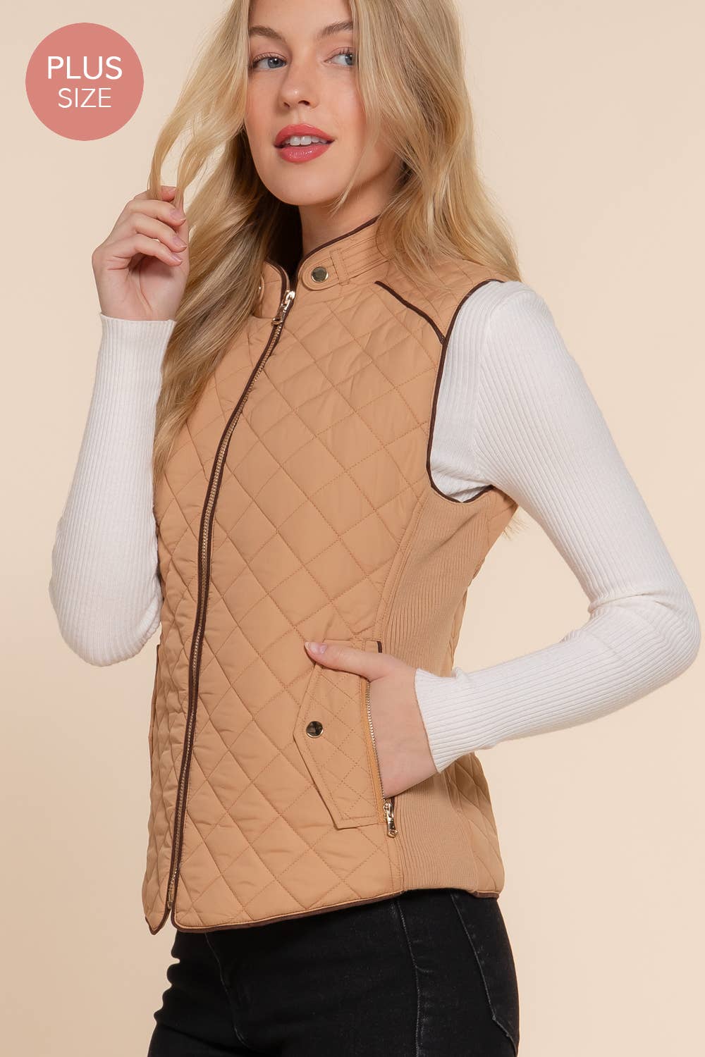 Suede Piping Quilted Padding Vest: WHT-white / 1XL