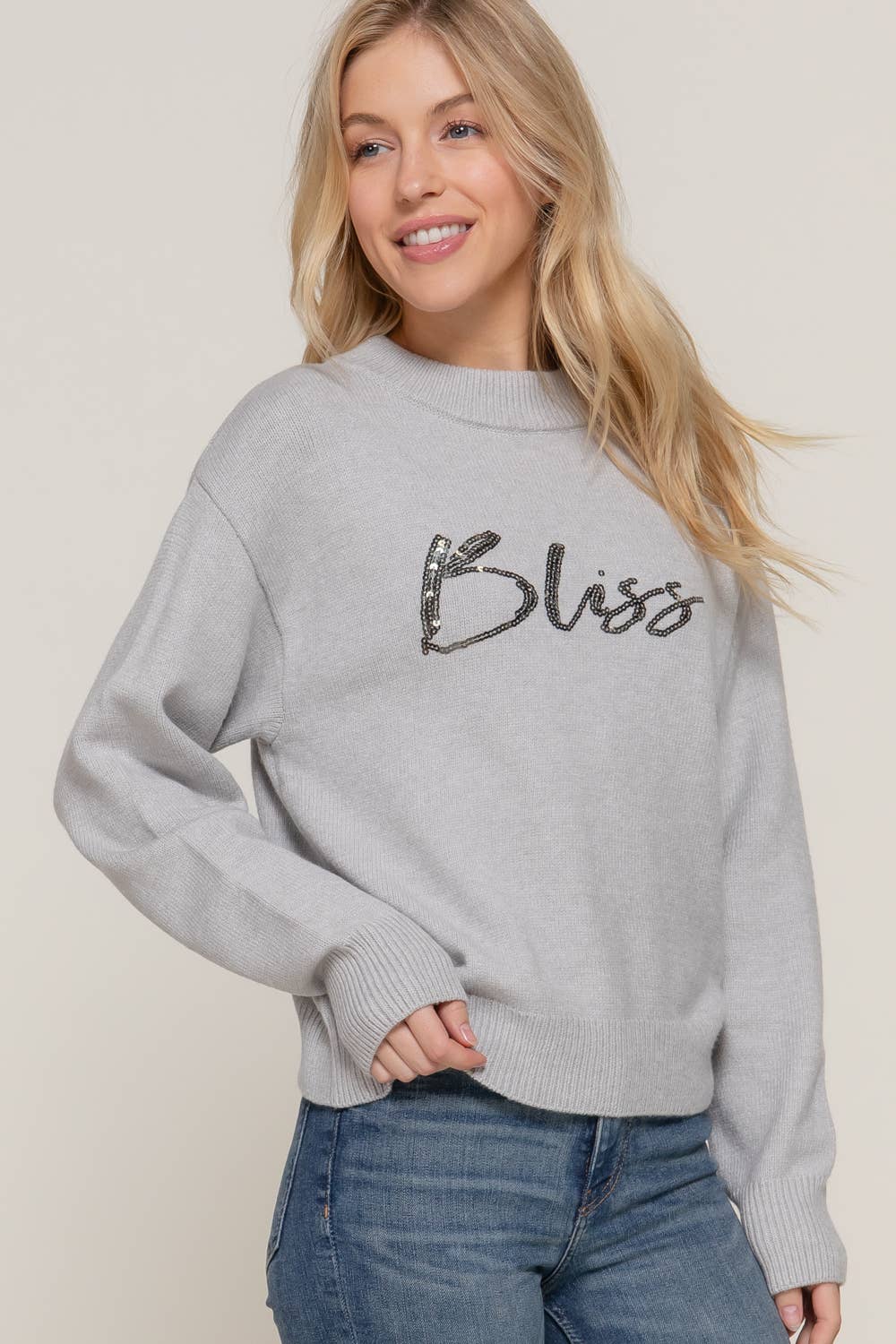 Long Sleeve Mock Neck Sequin Graphic Pullover Sweater: HGY-h grey / L