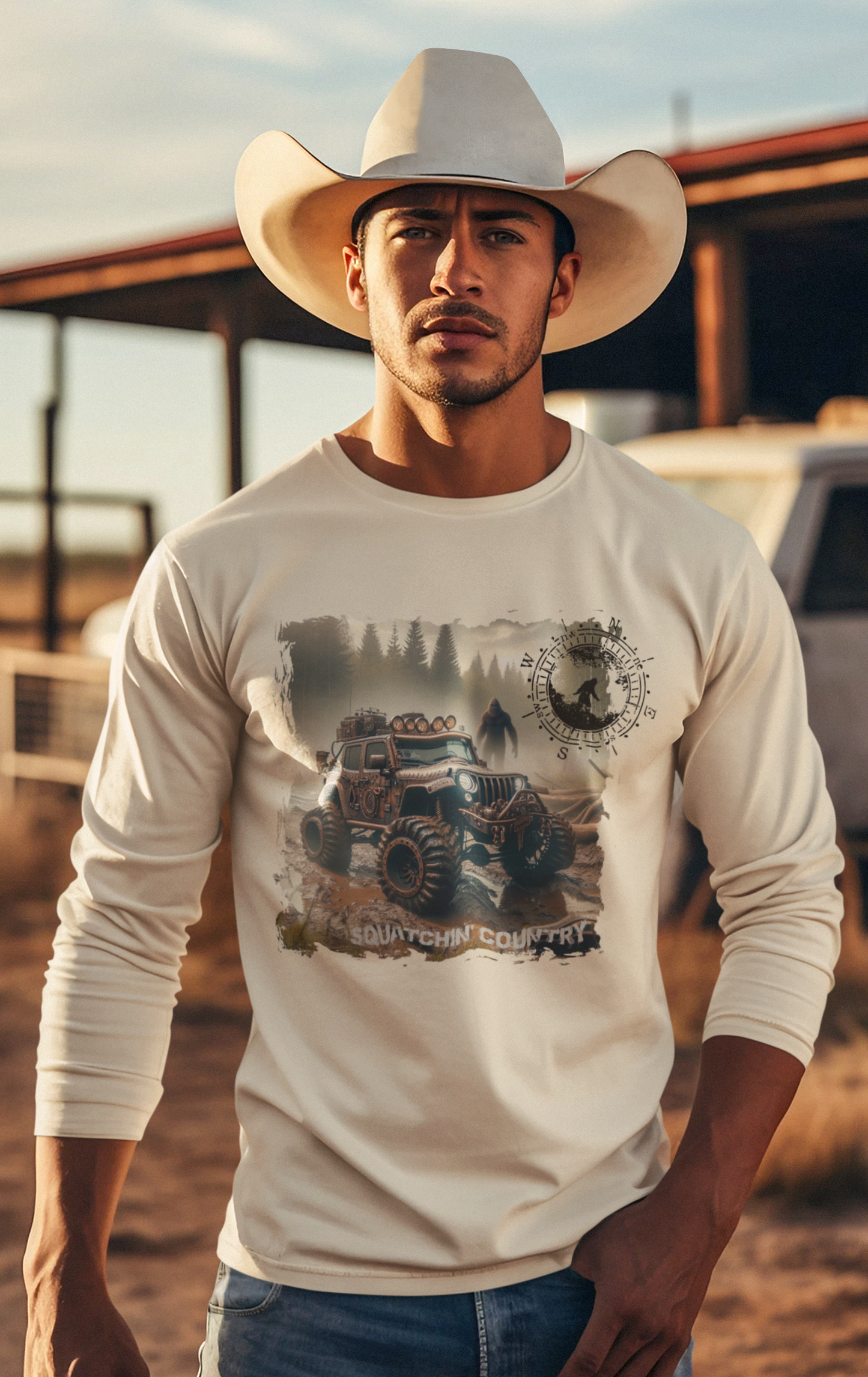 Rustic Bigfoot Jeepin Squatchin' Country t-shirt: Military green / 2X / Long sleeve
