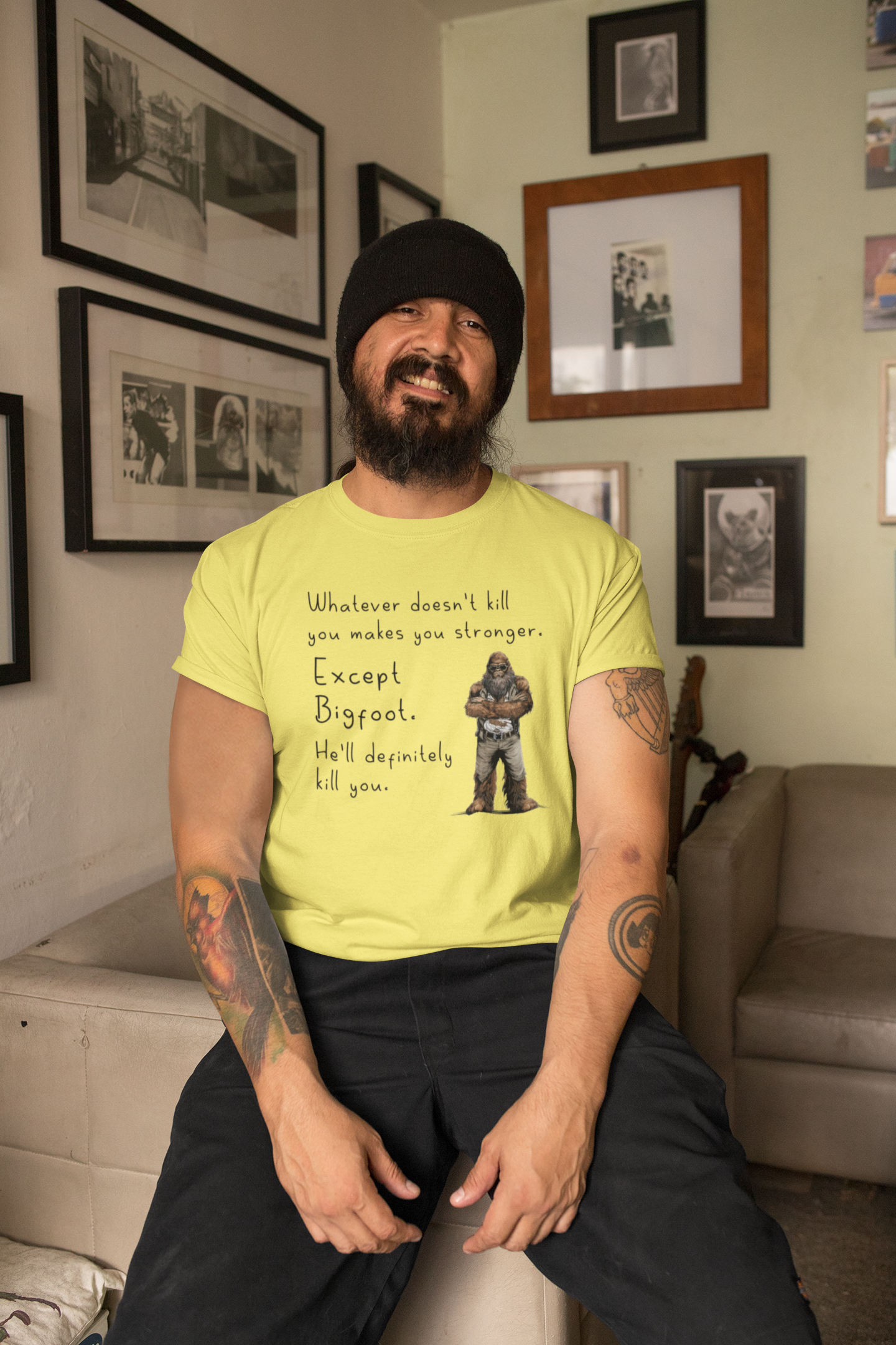 Whatever Doesn't Kill You Bigfoot t-shirt (black or yellow): Black / XL