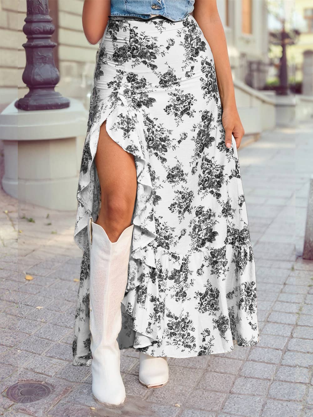 Boho Floral High Waist Ruffle Split Maxi Skirt | 3 Colors: Sky Blue / XL