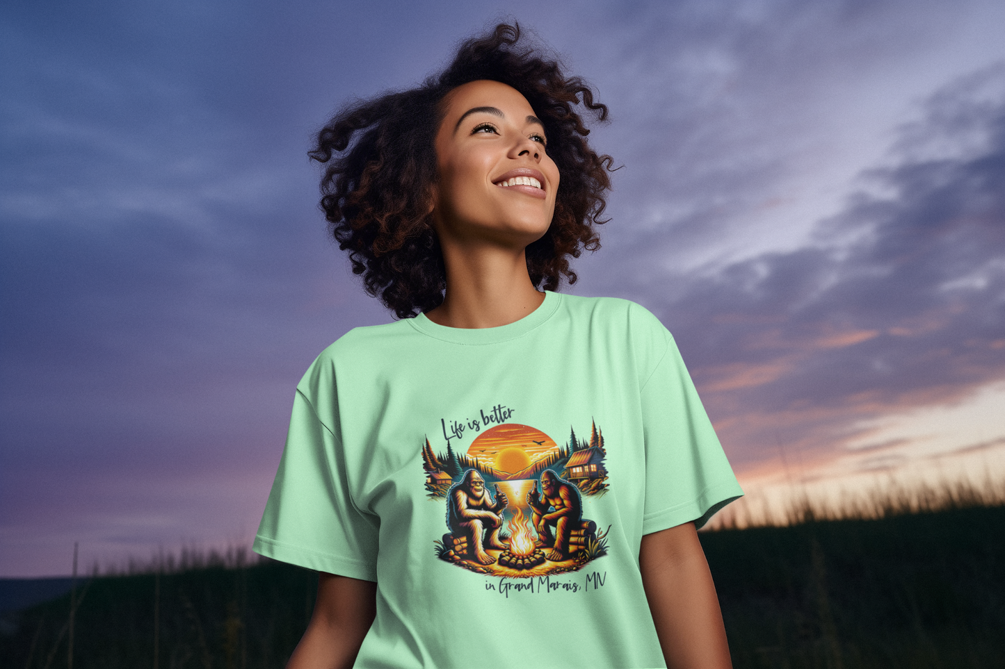 Life is better in...YOUR LOCATION - Bigfoot campfire shirt: Carolina blue / 3X