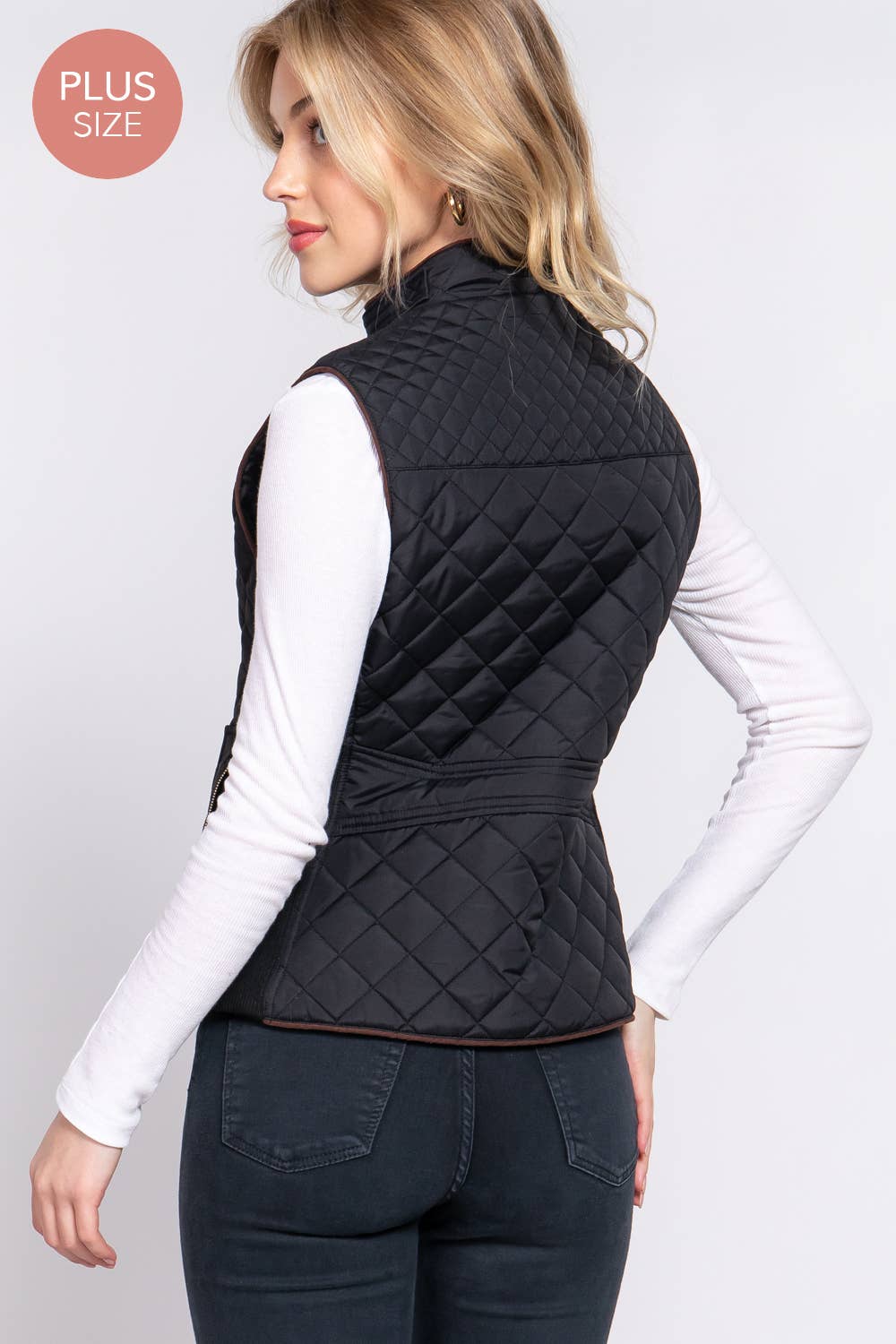 Suede Piping Quilted Padding Vest: WHT-white / 2XL