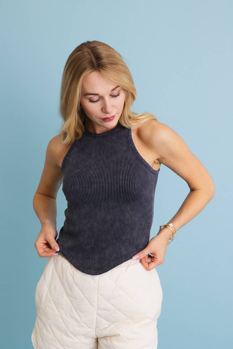 Classic Basic Washed Ribbed Tank Top: Black Prepack