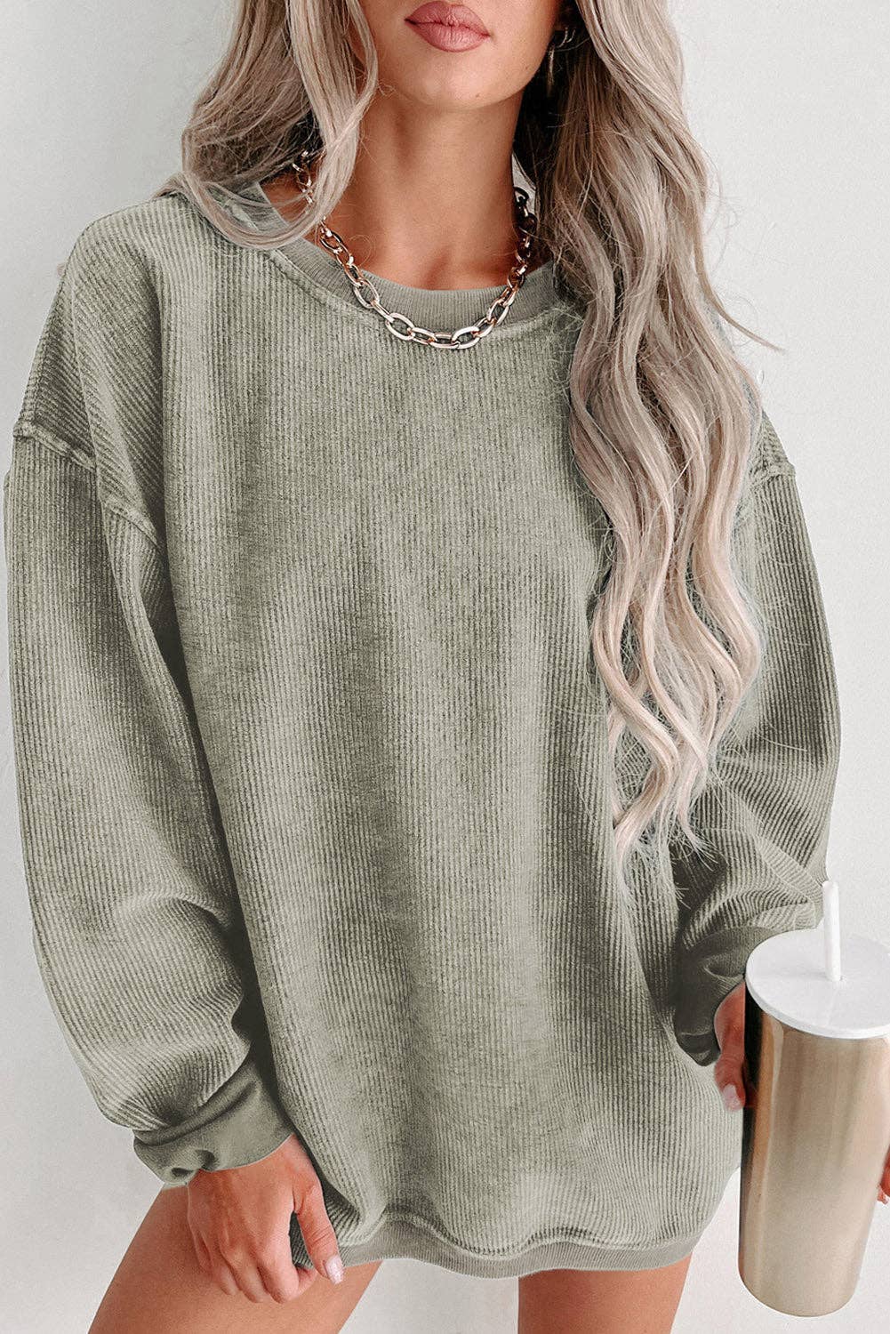 Solid Ribbed Knit Round Neck Pullover Sweatshirt: Black / 100%Polyester / XL