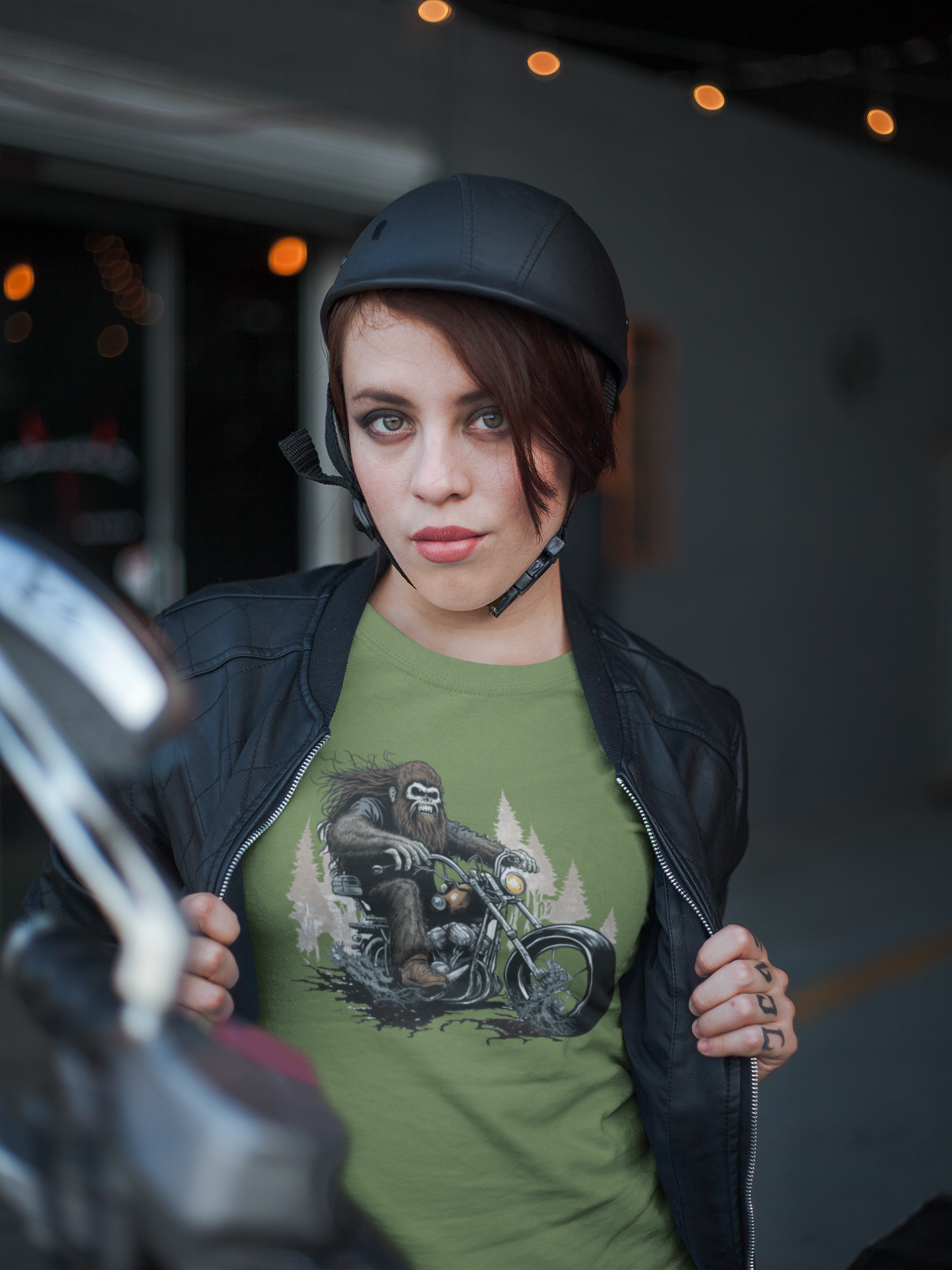 Biker Bigfoot on green t-shirt - Biker Squatch Collection: XL