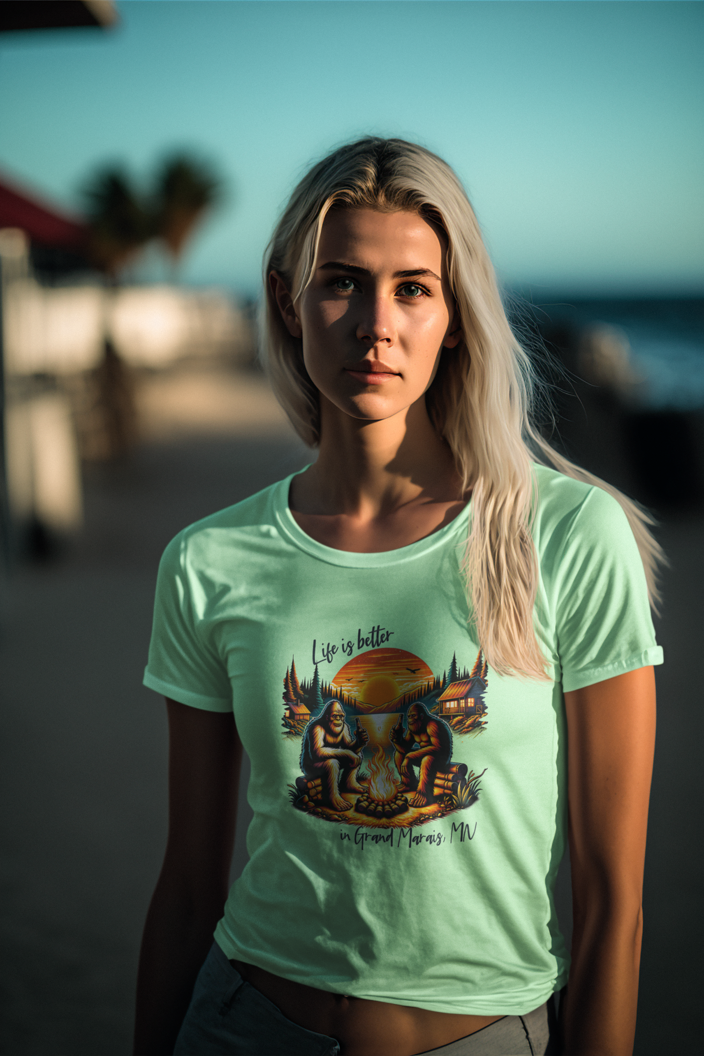 Life is better in...YOUR LOCATION - Bigfoot campfire shirt: Carolina blue / 2X