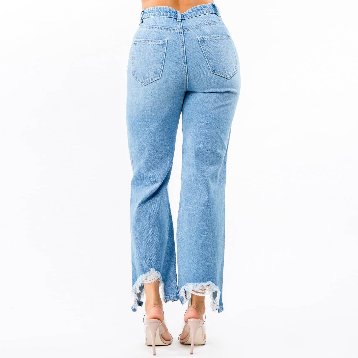 HIGH WAIST DISTRESSED WIDE LEG JEANS-RJH5509: BLUE / 7