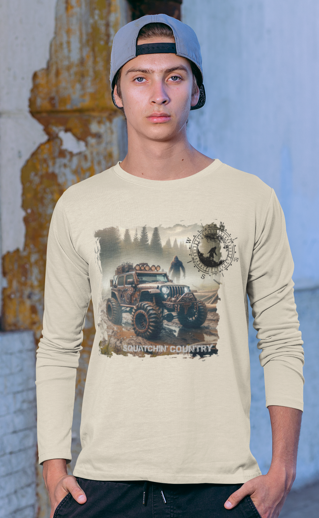 Rustic Bigfoot Jeepin Squatchin' Country t-shirt: Military green / Sm / Long sleeve