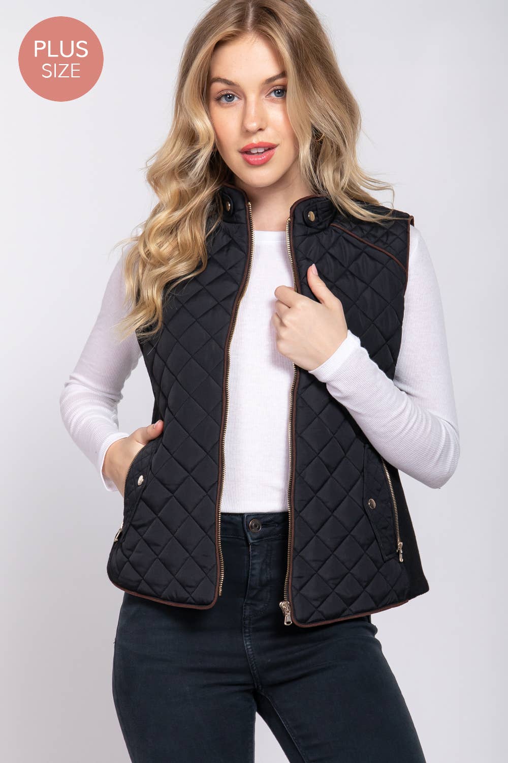 Suede Piping Quilted Padding Vest: WHT-white / 1XL