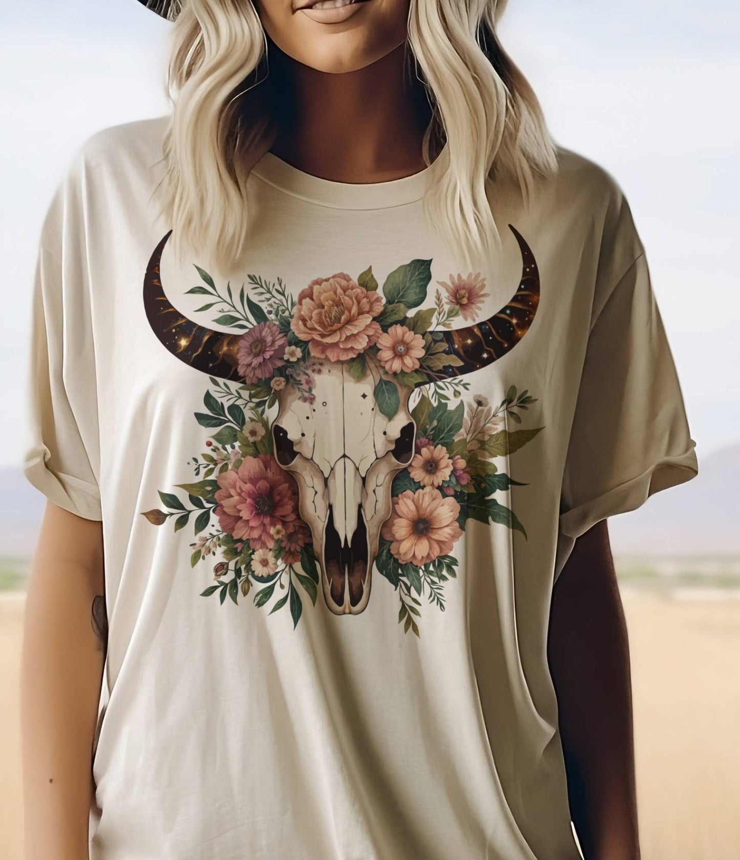 Floral Boho Cow Skull Tee Country Western Cow Skull Tshirt: Peach / XXLarge