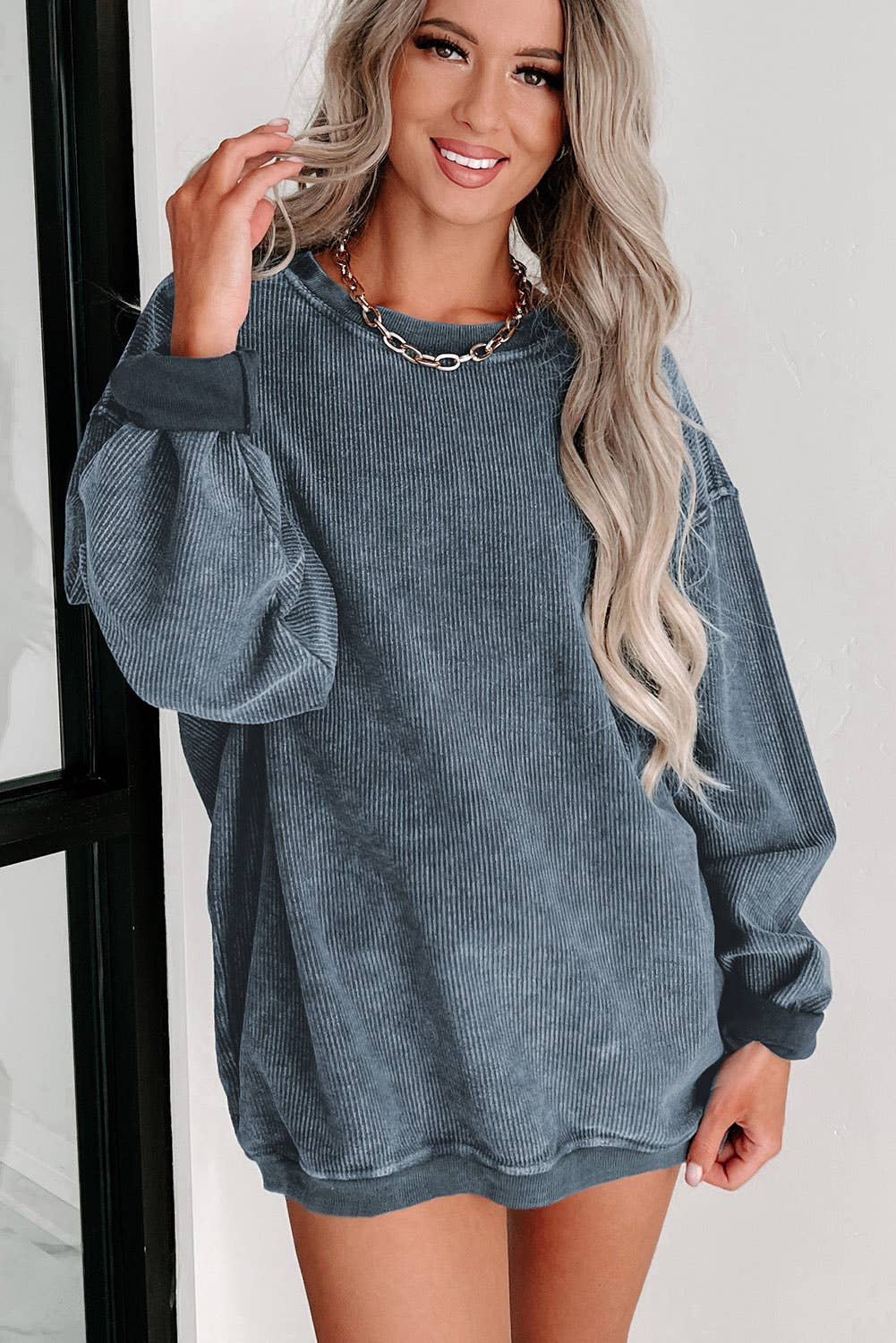 Solid Ribbed Knit Round Neck Pullover Sweatshirt: Black / 100%Polyester / XL