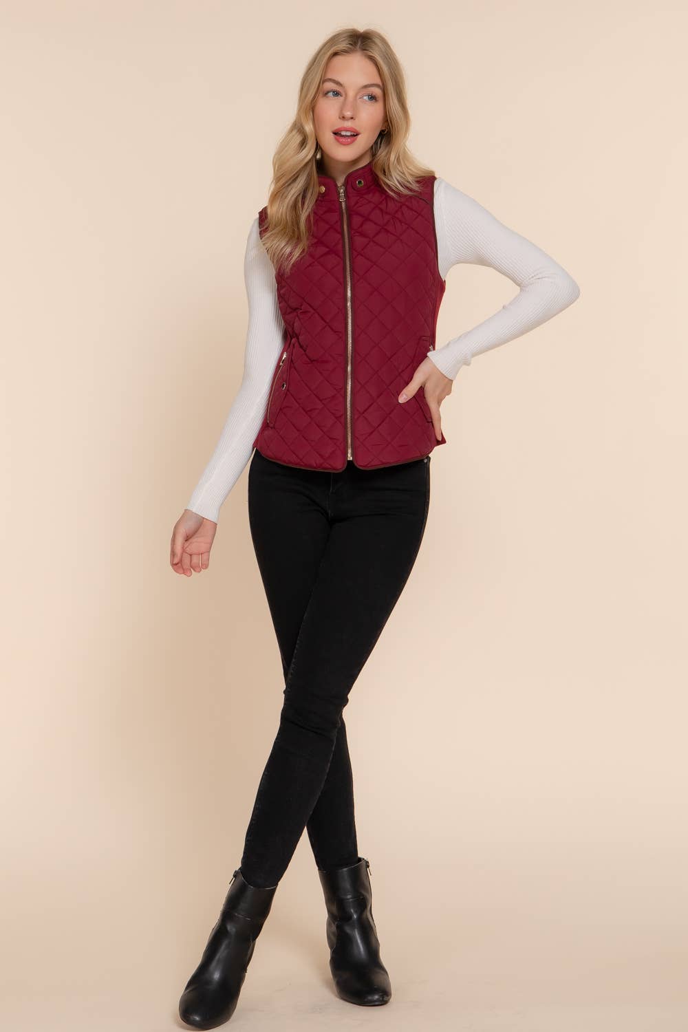 Suede Piping Detail Rib Quilted Padding Vest: TPE-pale taupe / S
