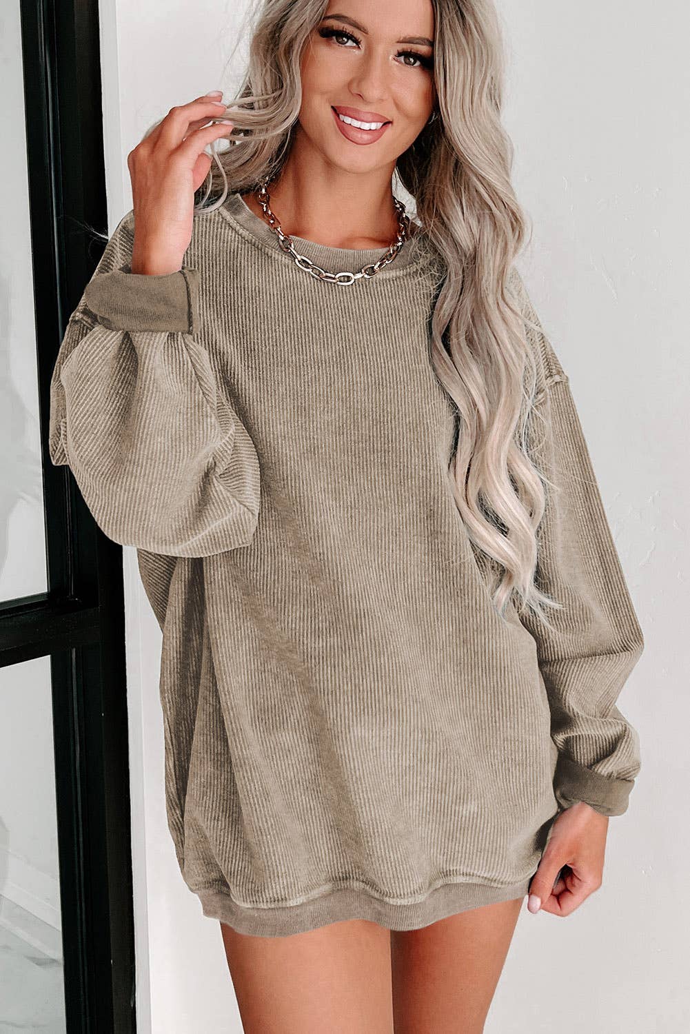 Solid Ribbed Knit Round Neck Pullover Sweatshirt: Black / 100%Polyester / XL