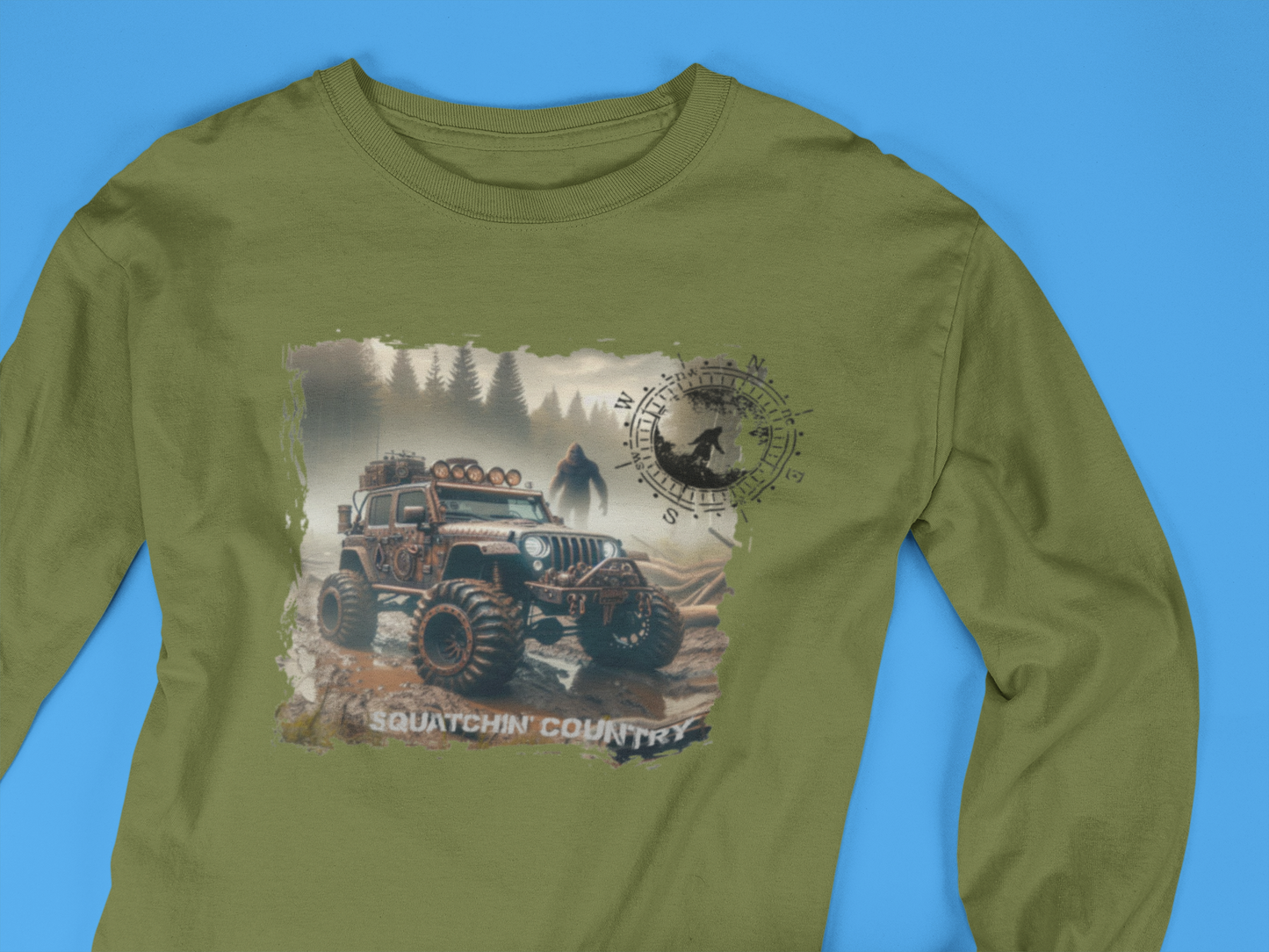 Rustic Bigfoot Jeepin Squatchin' Country t-shirt: Military green / LG / Long sleeve