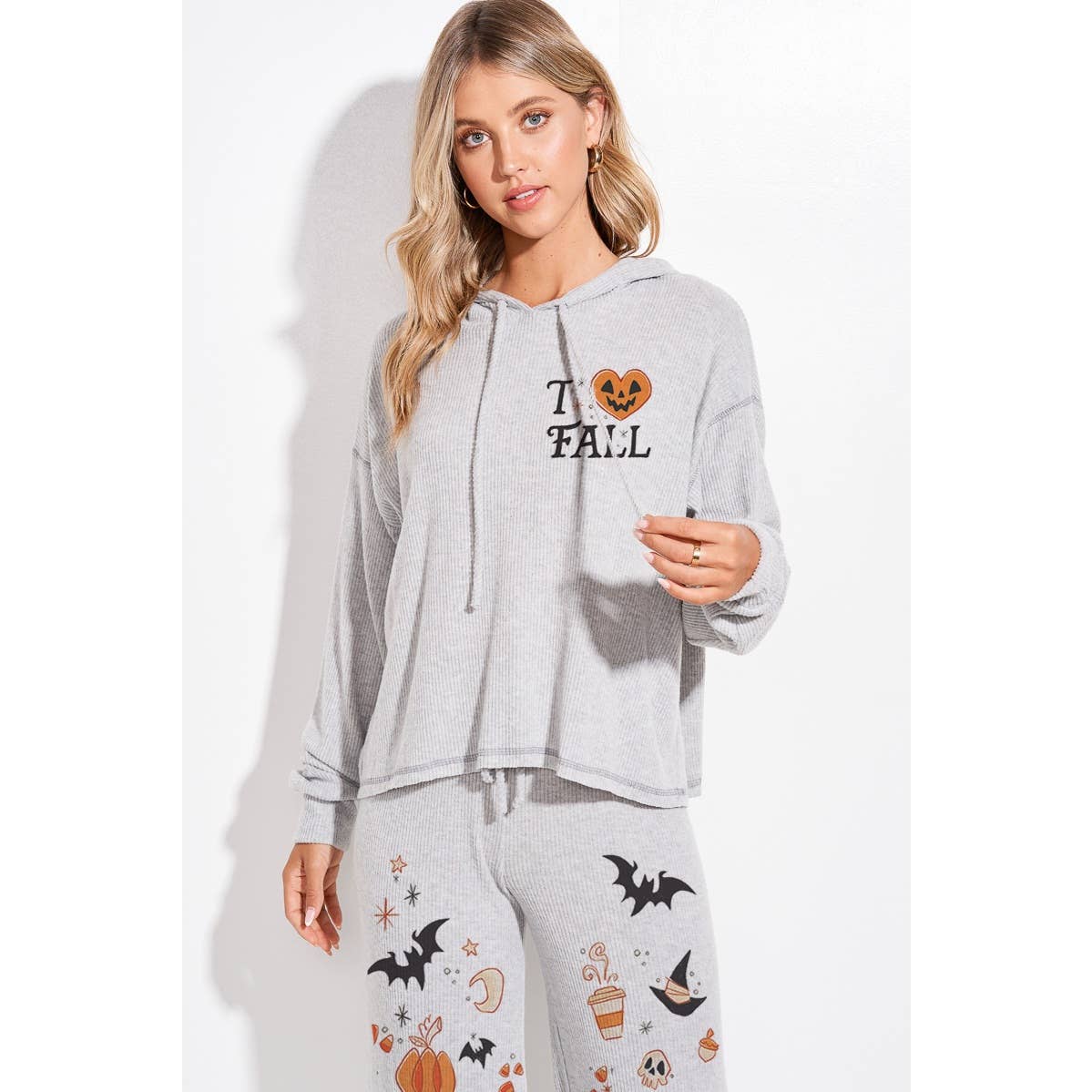 Halloween print rib Hoodie loungewear set p: IVORY / M