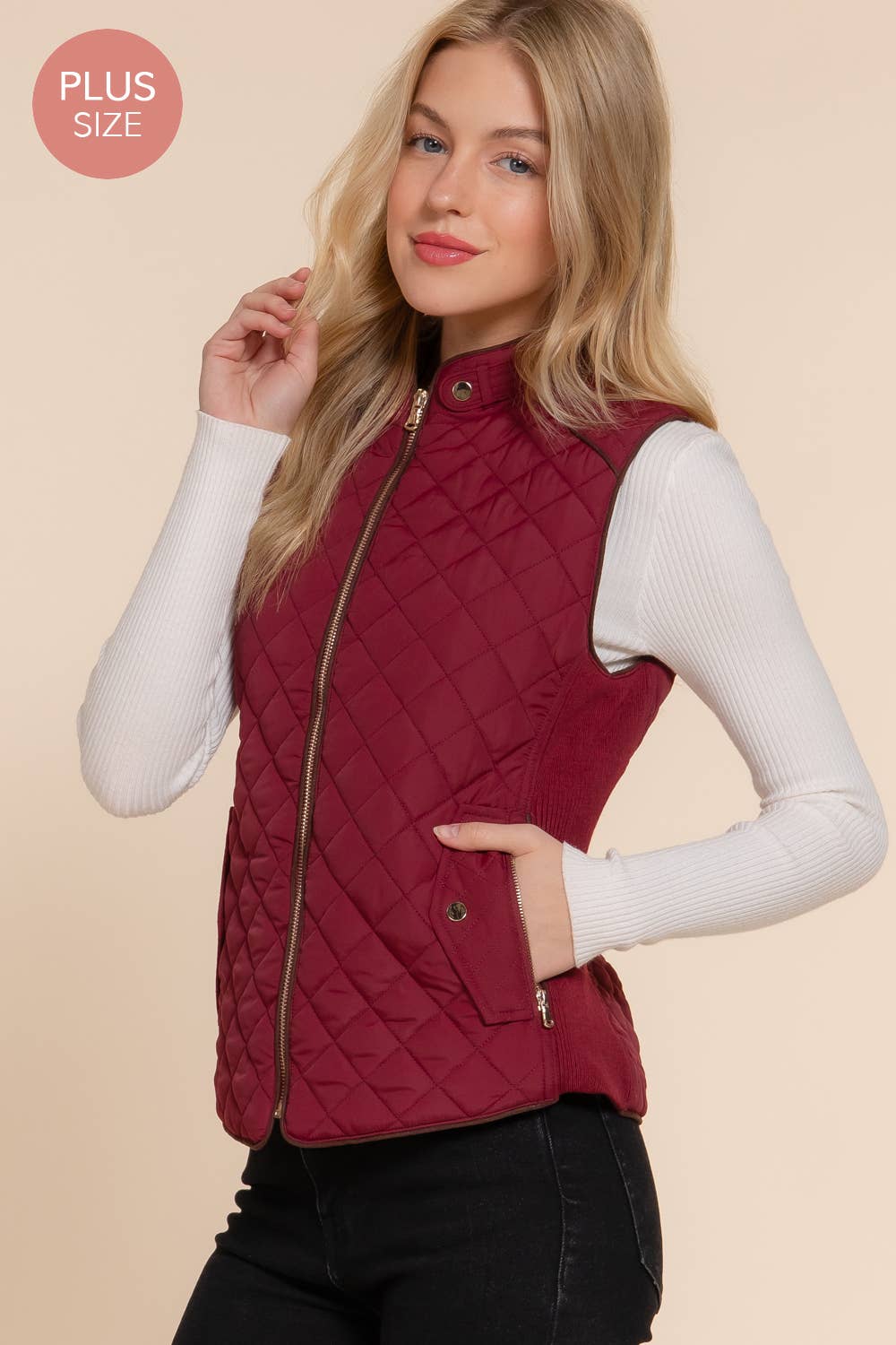 Suede Piping Quilted Padding Vest: KHA-caramel / 1XL