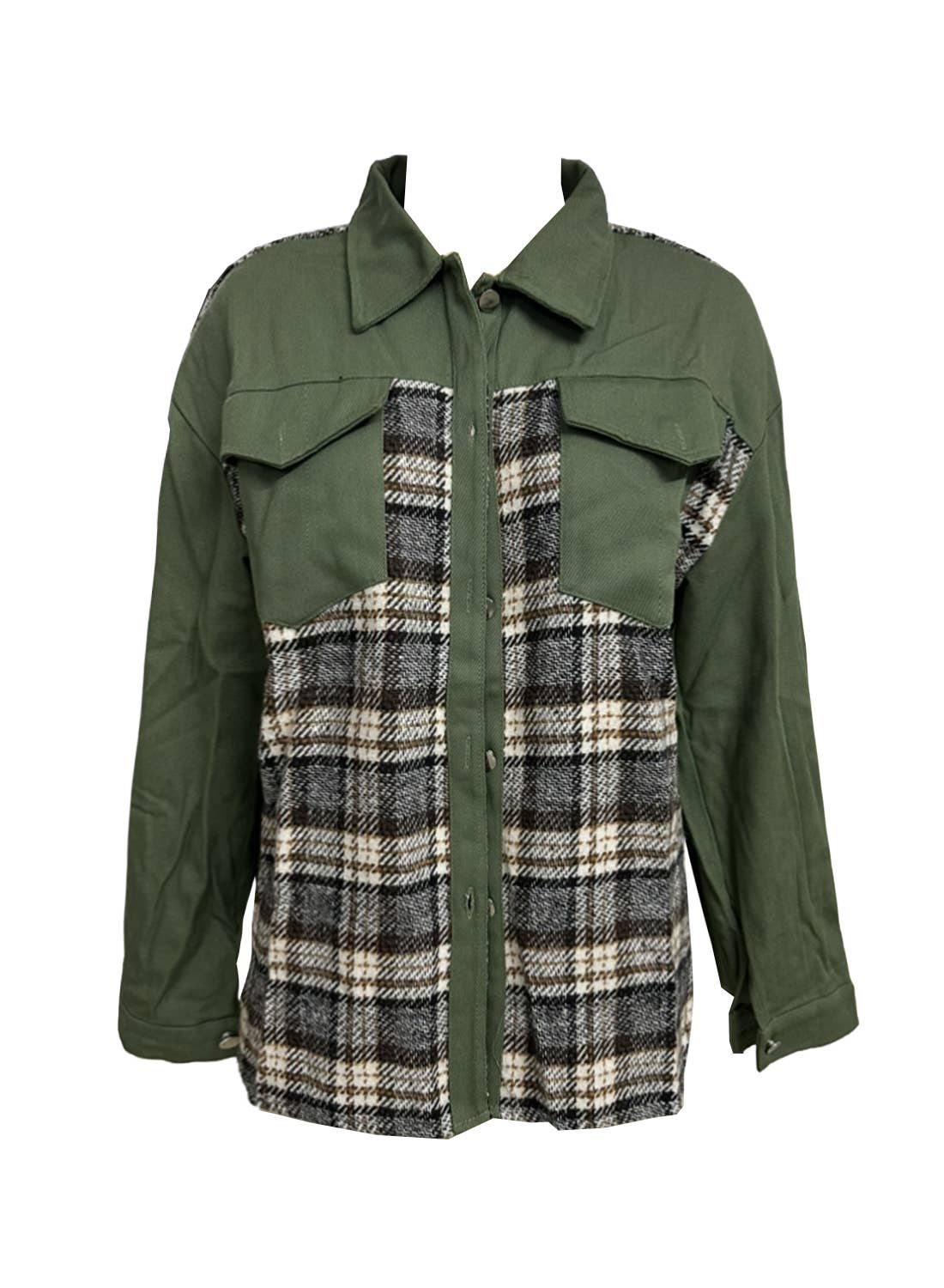 Long-Sleeved Plaid Button-Down Shirt Jacket: Black / 2XL