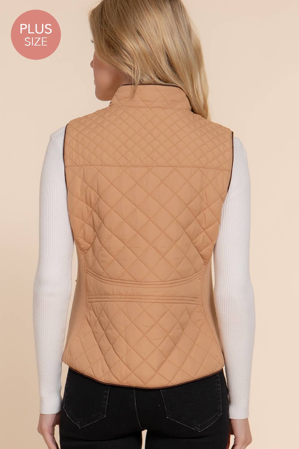 Suede Piping Quilted Padding Vest: KHA-caramel / 2XL
