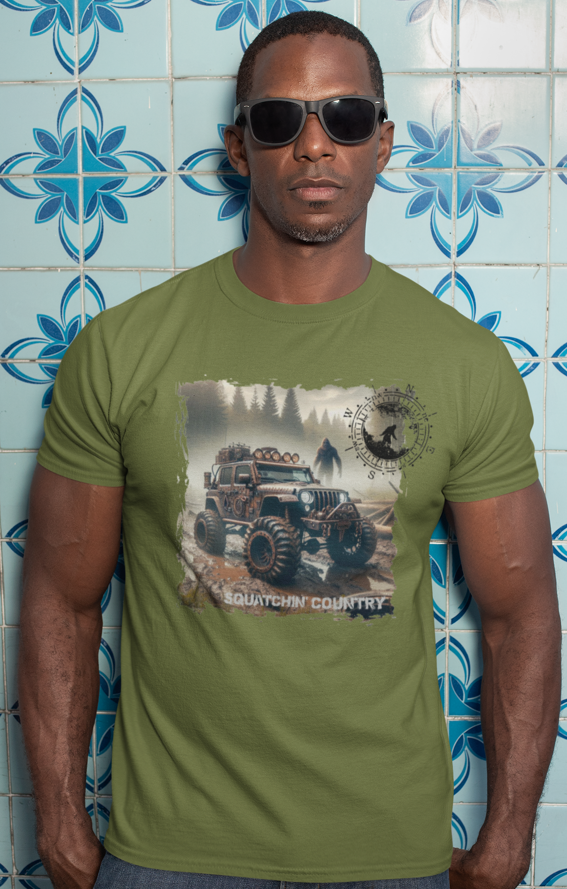 Rustic Bigfoot Jeepin Squatchin' Country t-shirt: Military green / LG / Long sleeve