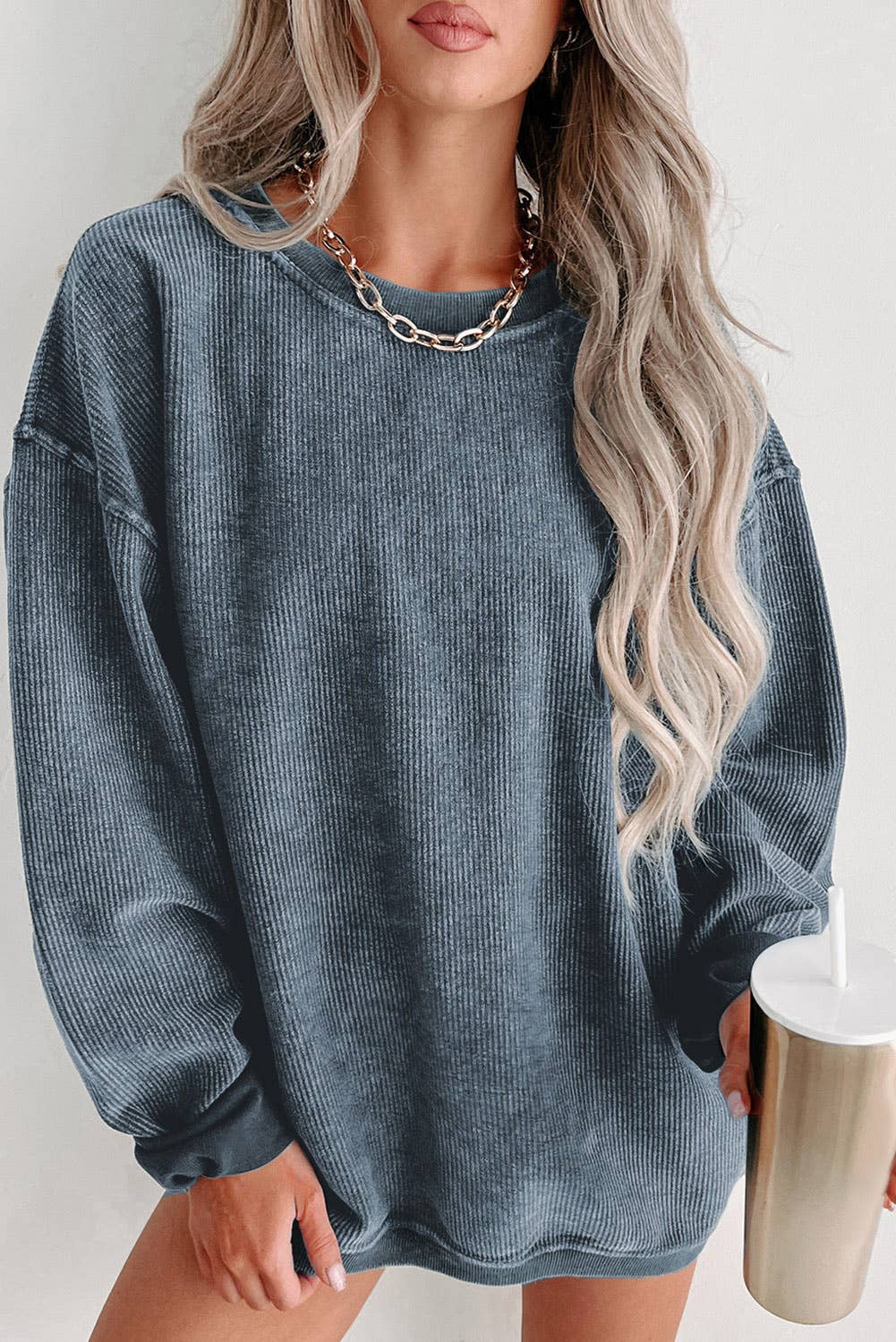 Solid Ribbed Knit Round Neck Pullover Sweatshirt: Black / 100%Polyester / XL