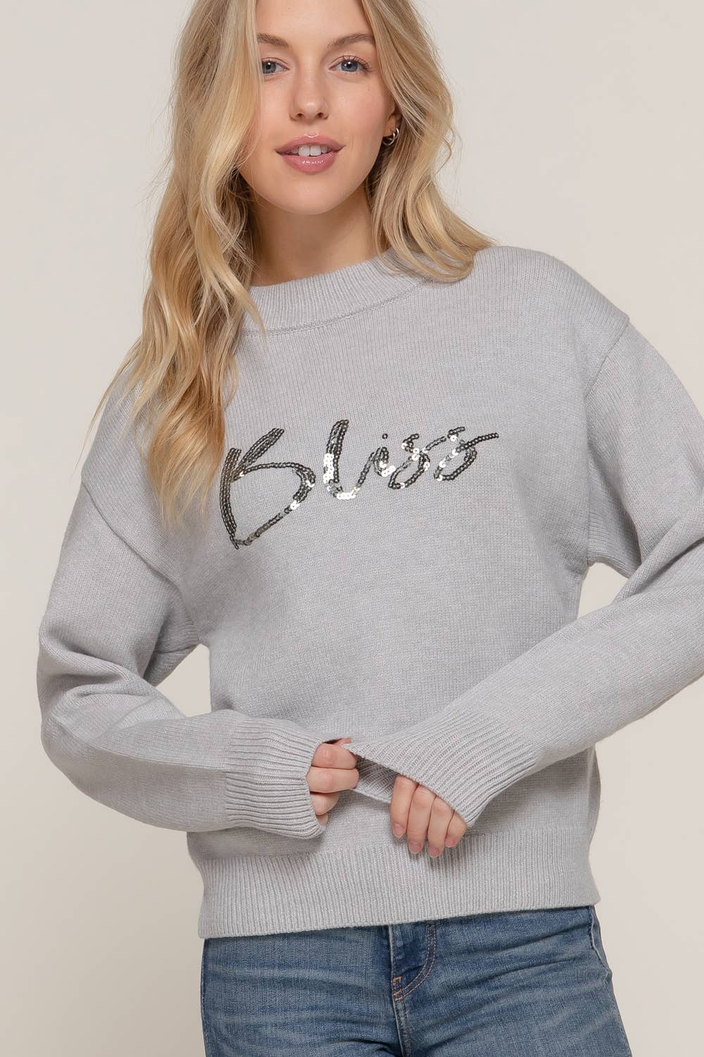 Long Sleeve Mock Neck Sequin Graphic Pullover Sweater: HGY-h grey / M