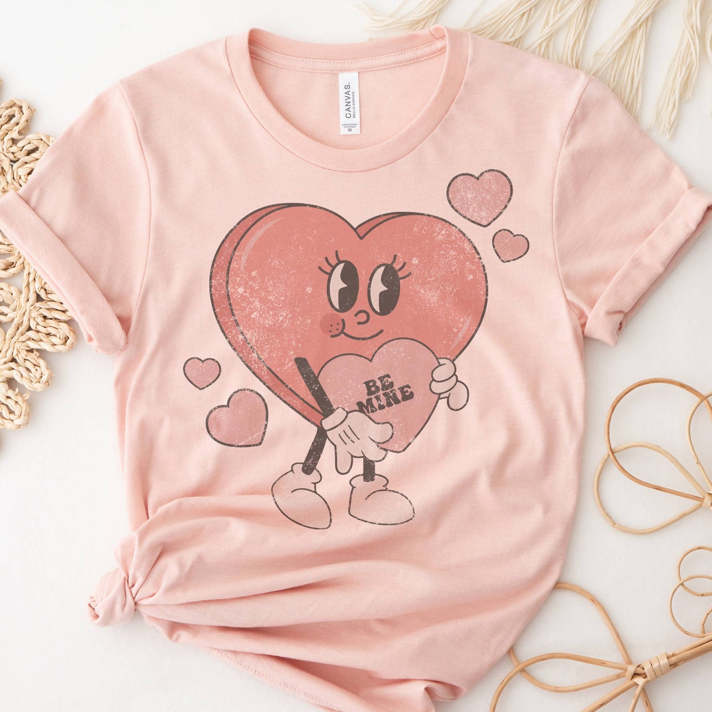 Be Mine Candy Heart Valentine Tee Vintage Smiley Vday TShirt: Peach / Small Unisex