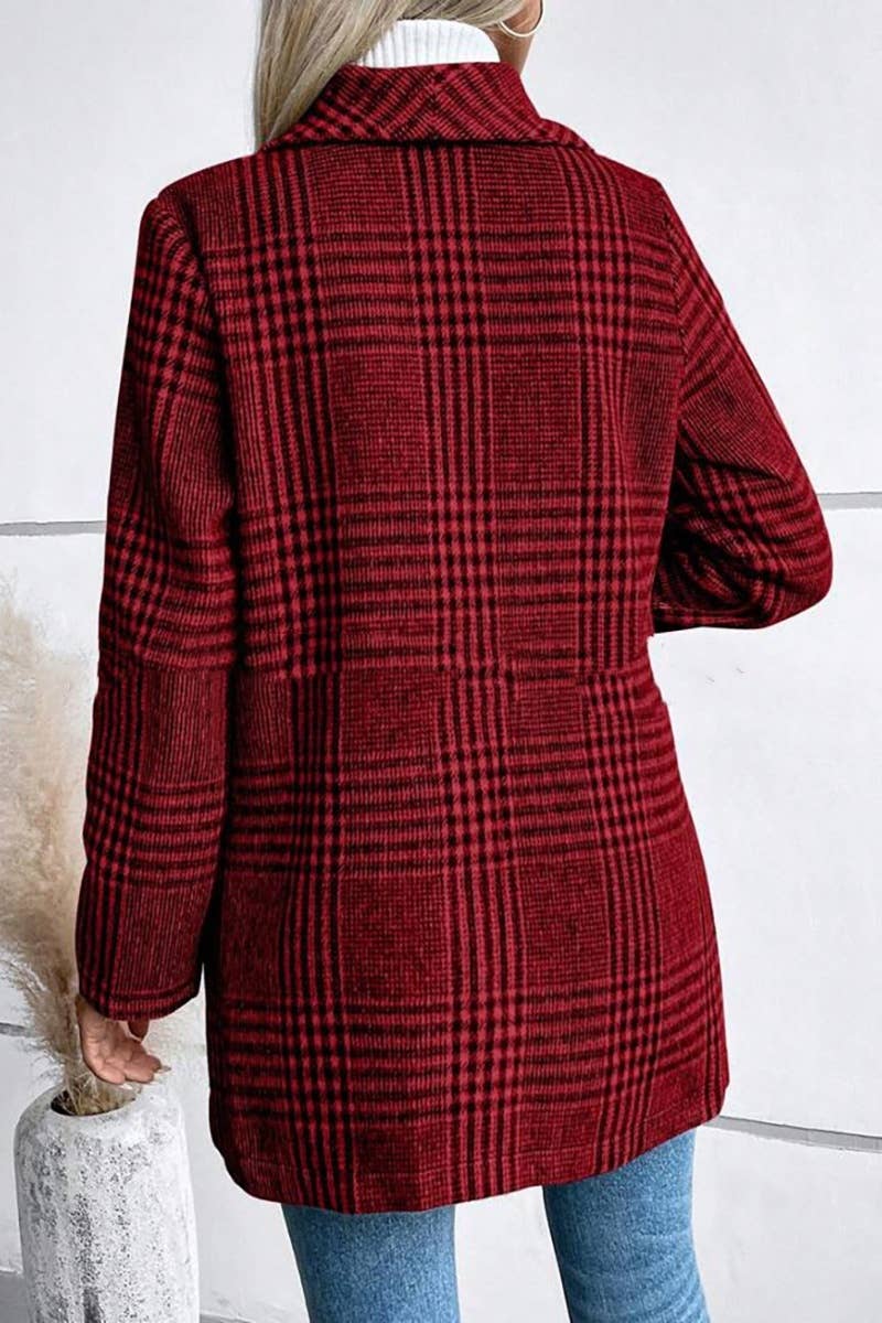 CWOCO0263_AUTUMN-WINTER FASHION LAPEL WOOL PLAID COAT: APRICOT / (L) 1