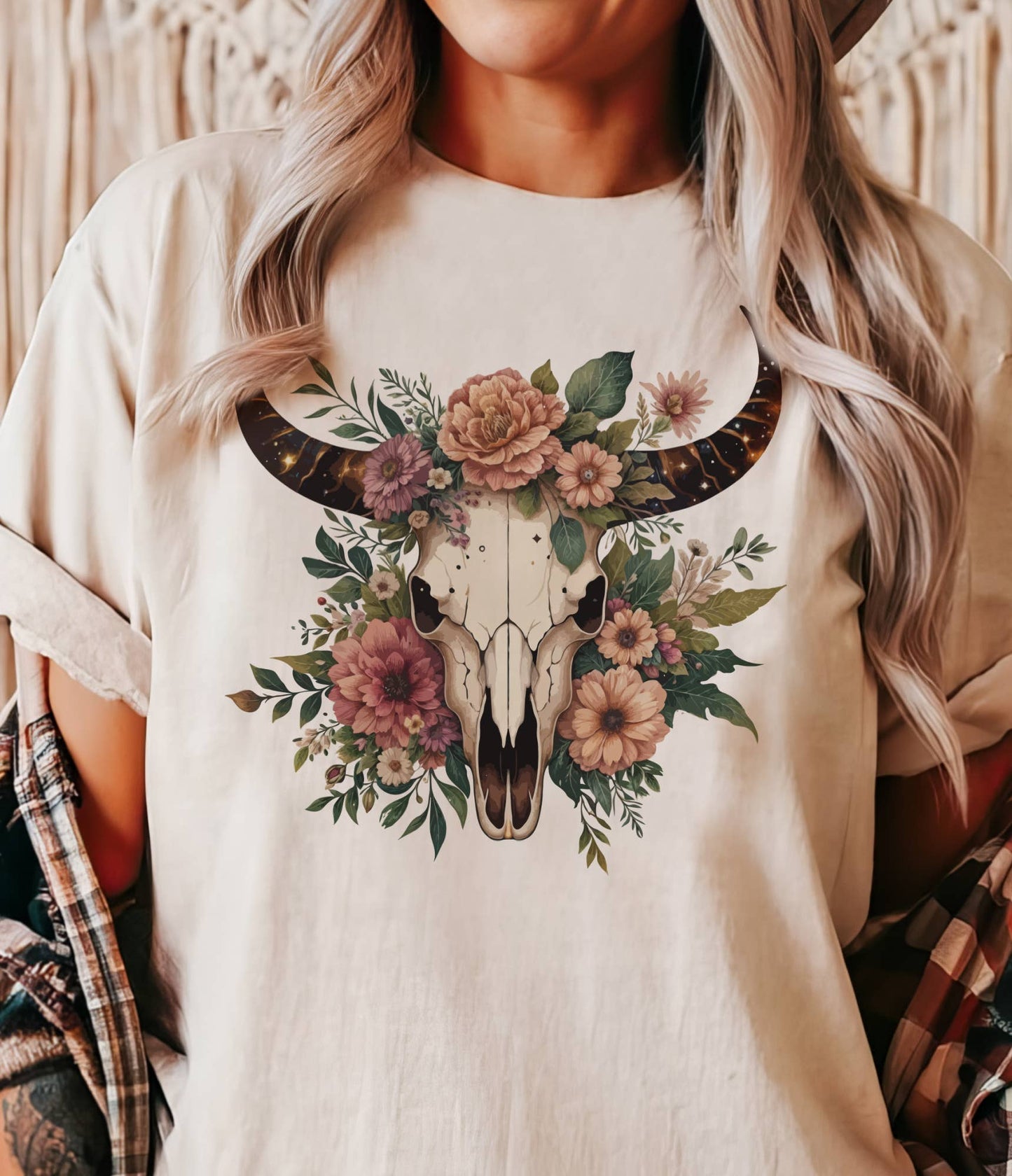 Floral Boho Cow Skull Tee Country Western Cow Skull Tshirt: Peach / Xlarge