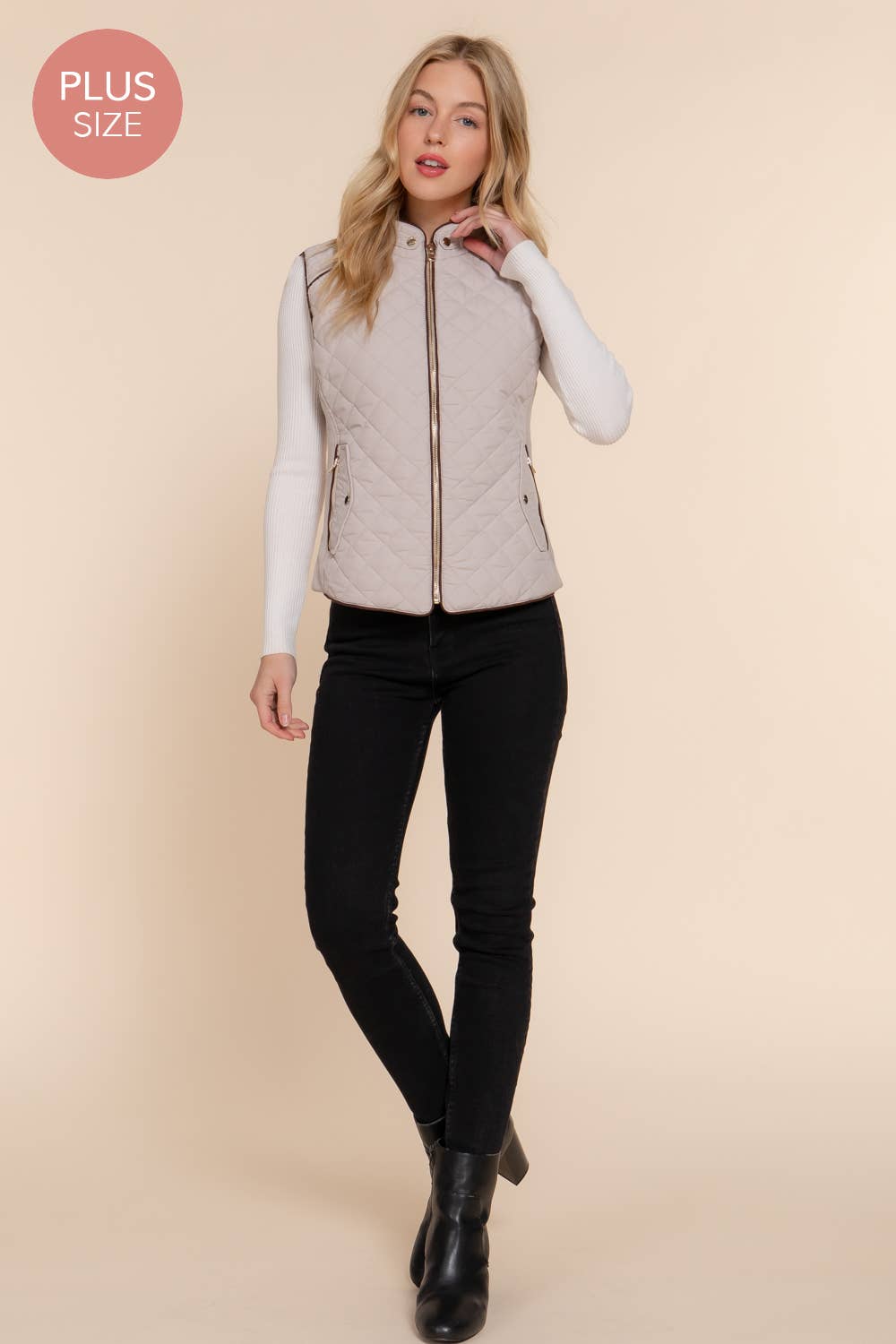 Suede Piping Quilted Padding Vest: KHA-caramel / XL