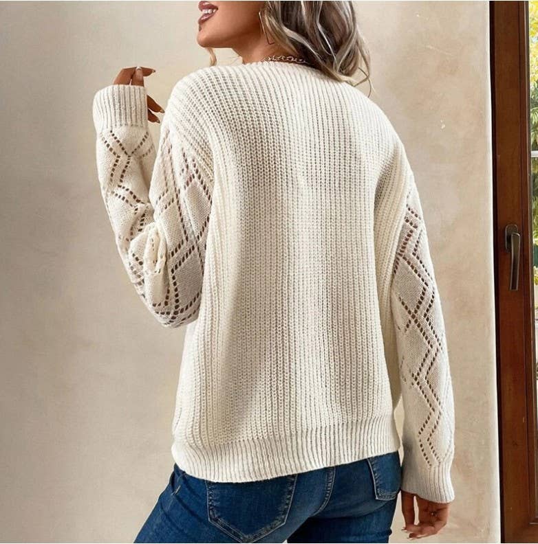 CWOSWL1370_V-Neck Casual Long Sleeve Pullover Sweater: IVORY / (M) 1