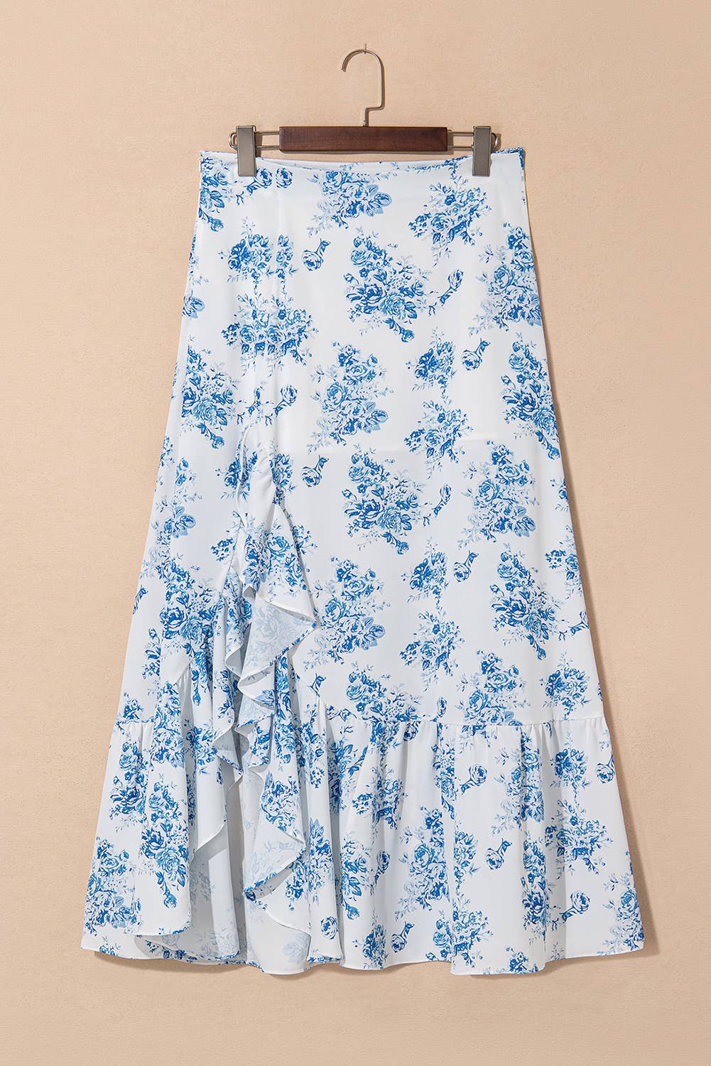 Boho Floral High Waist Ruffle Split Maxi Skirt | 3 Colors: Sky Blue / S