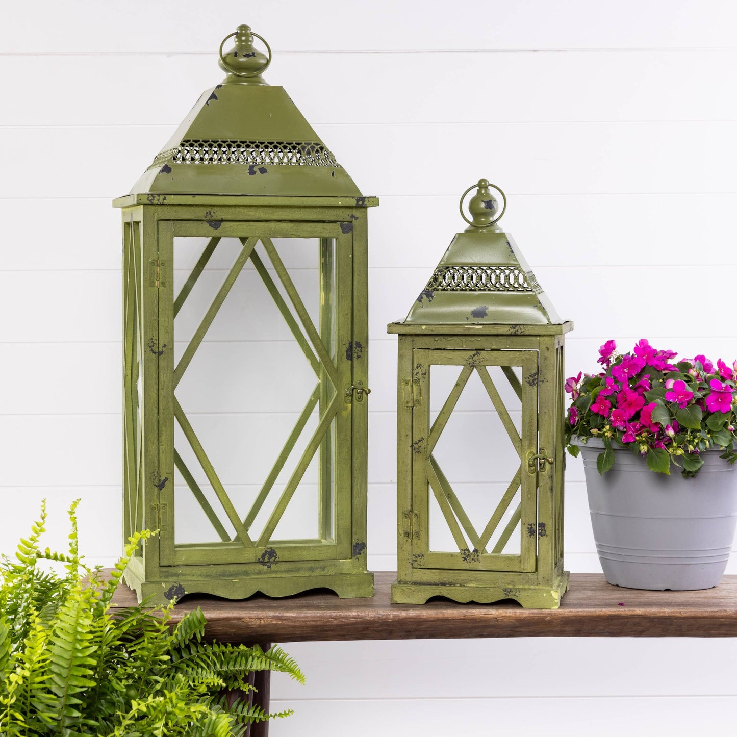 SALE Glass 30" Olive Green Spring Lanterns Set of 2