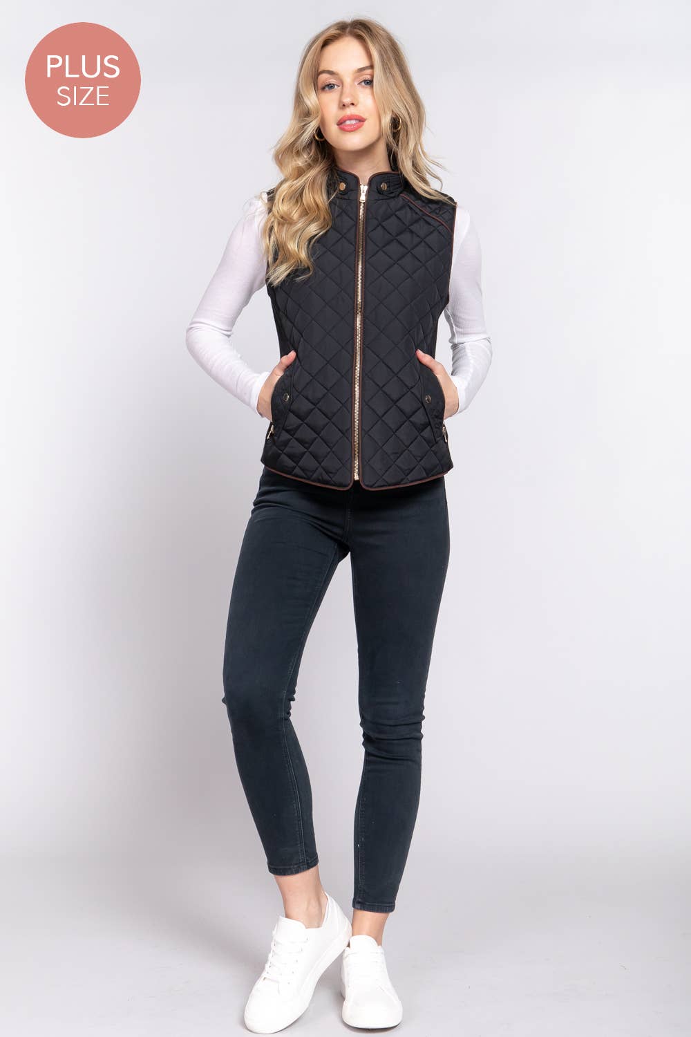 Suede Piping Quilted Padding Vest: WHT-white / 2XL