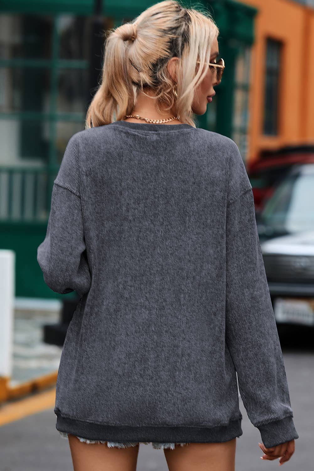 Solid Ribbed Knit Round Neck Pullover Sweatshirt: Black / 100%Polyester / XL