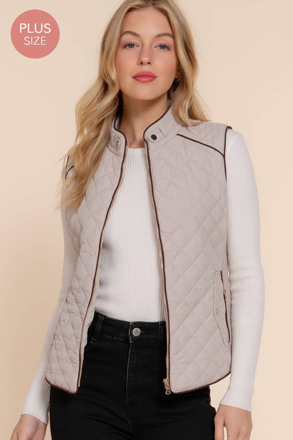Suede Piping Quilted Padding Vest: KHA-caramel / 2XL