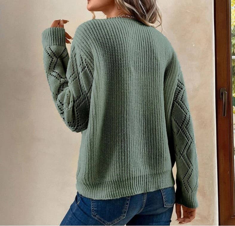 CWOSWL1370_V-Neck Casual Long Sleeve Pullover Sweater: IVORY / (M) 1