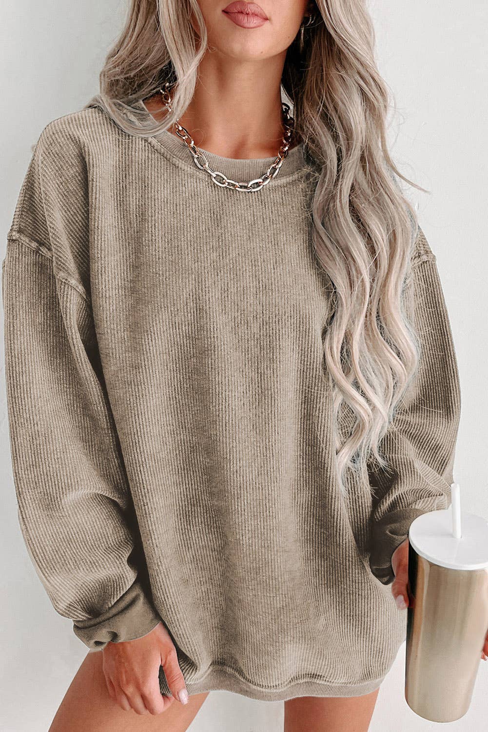 Solid Ribbed Knit Round Neck Pullover Sweatshirt: Black / 100%Polyester / XL