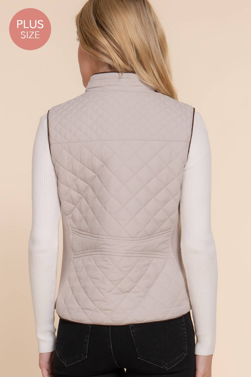 Suede Piping Quilted Padding Vest: KHA-caramel / 1XL