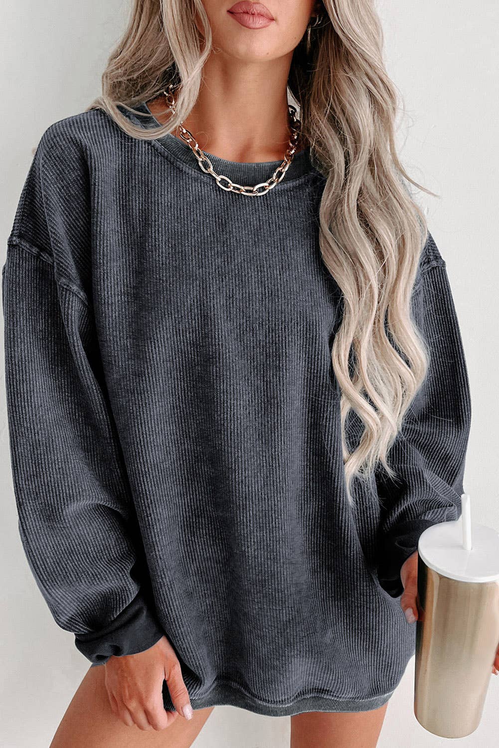 Solid Ribbed Knit Round Neck Pullover Sweatshirt: Black / 100%Polyester / XL