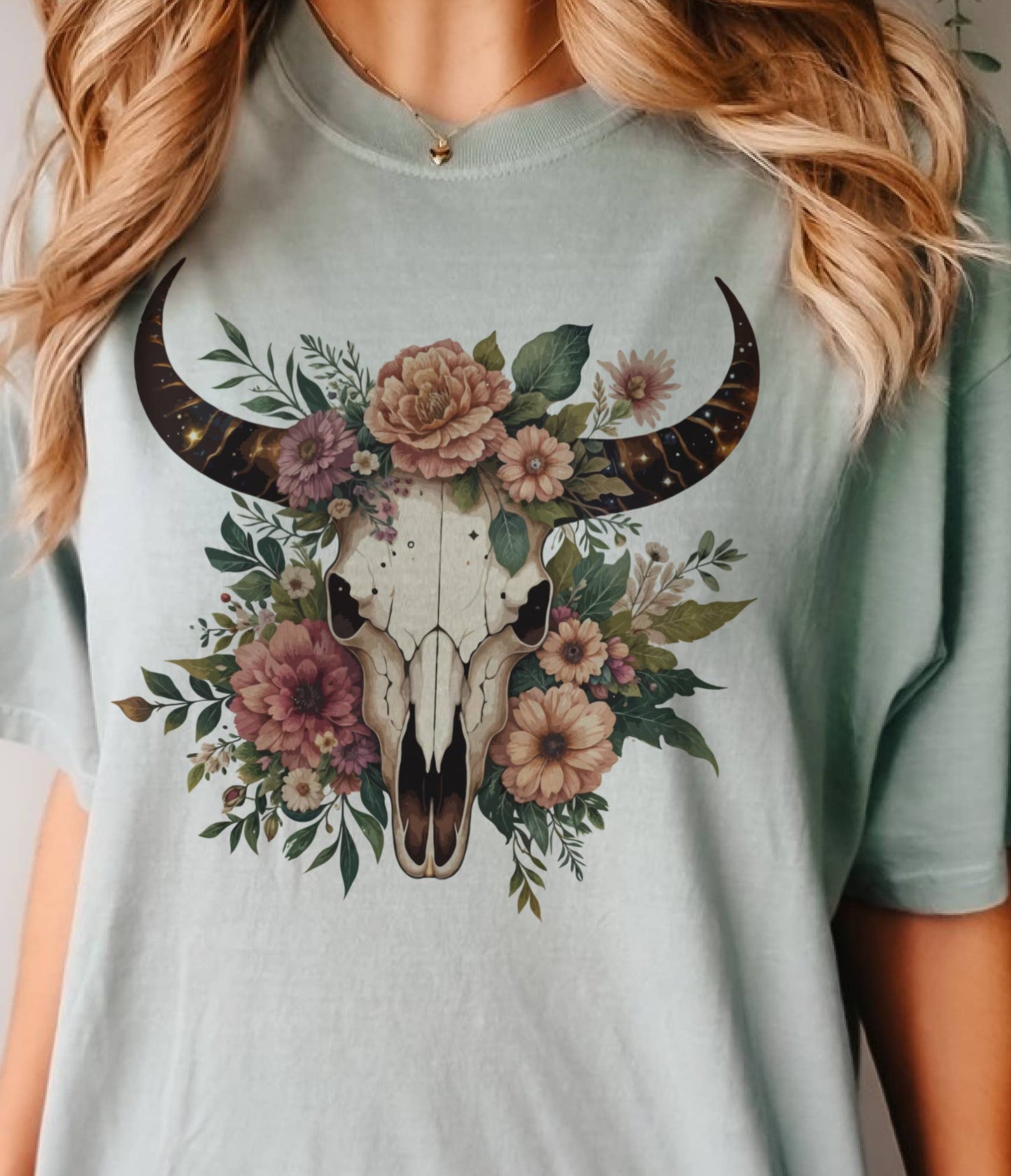 Floral Boho Cow Skull Tee Country Western Cow Skull Tshirt: Peach / Large