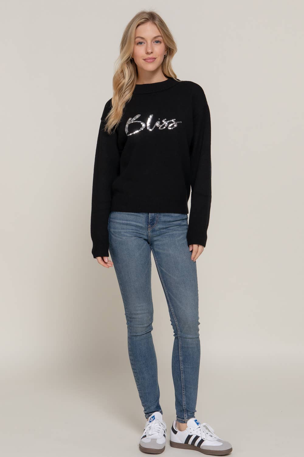 Long Sleeve Mock Neck Sequin Graphic Pullover Sweater: HGY-h grey / L