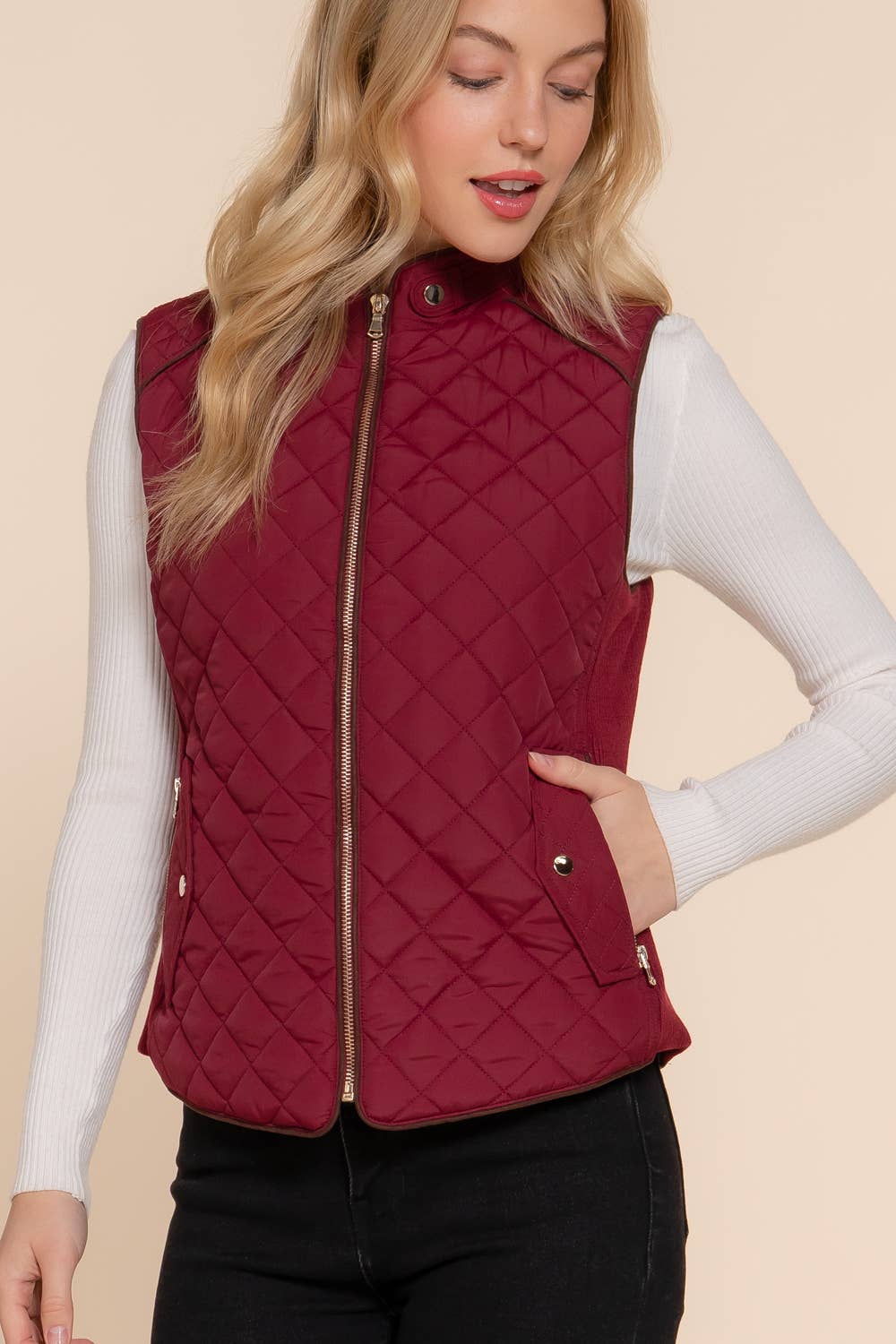 Suede Piping Detail Rib Quilted Padding Vest: TPE-pale taupe / S
